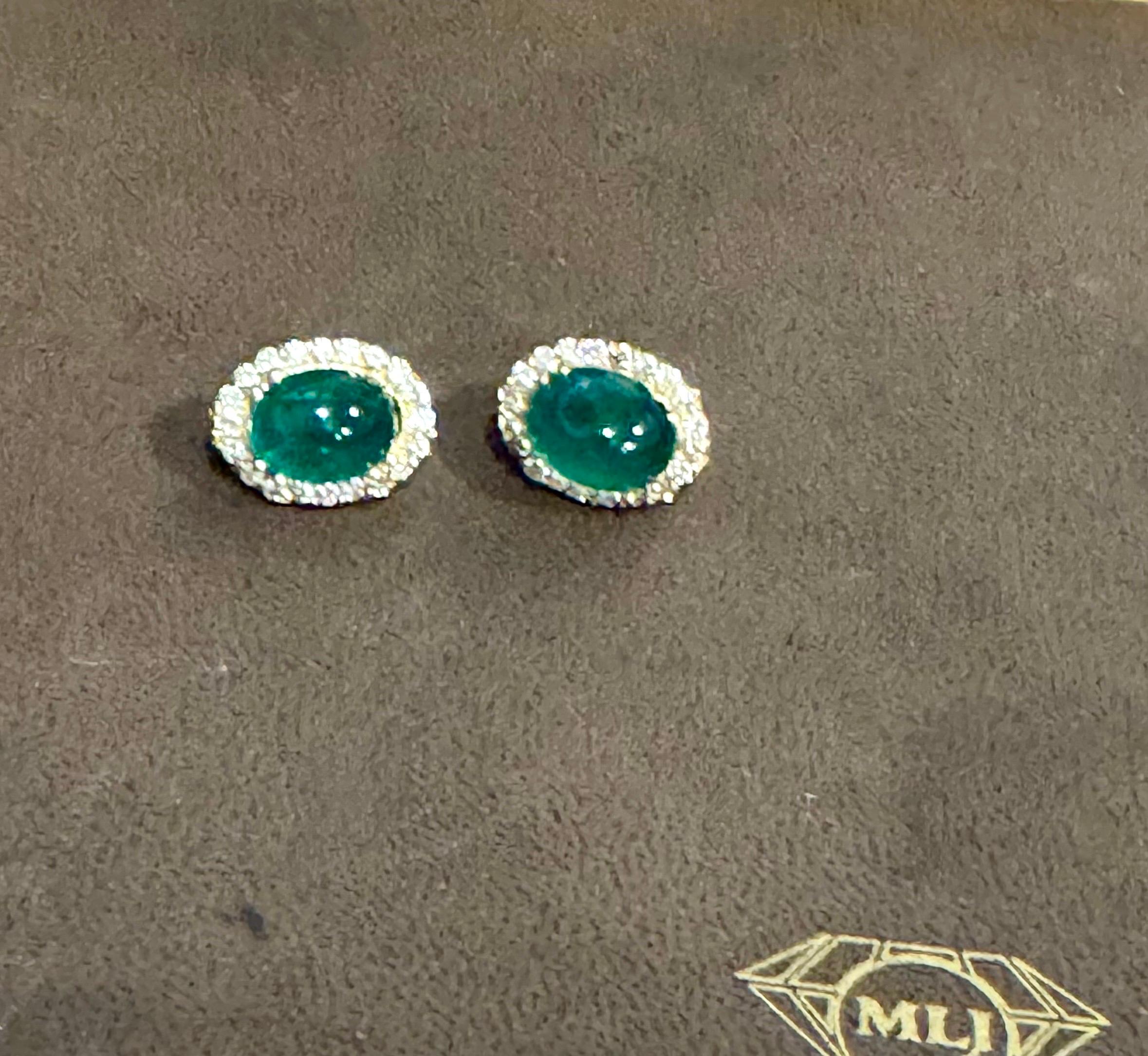 10 Ct Natural Emerald Zambian Cabochon & 2 Ct Diamond Stud Earring 14 KY Gold For Sale 7