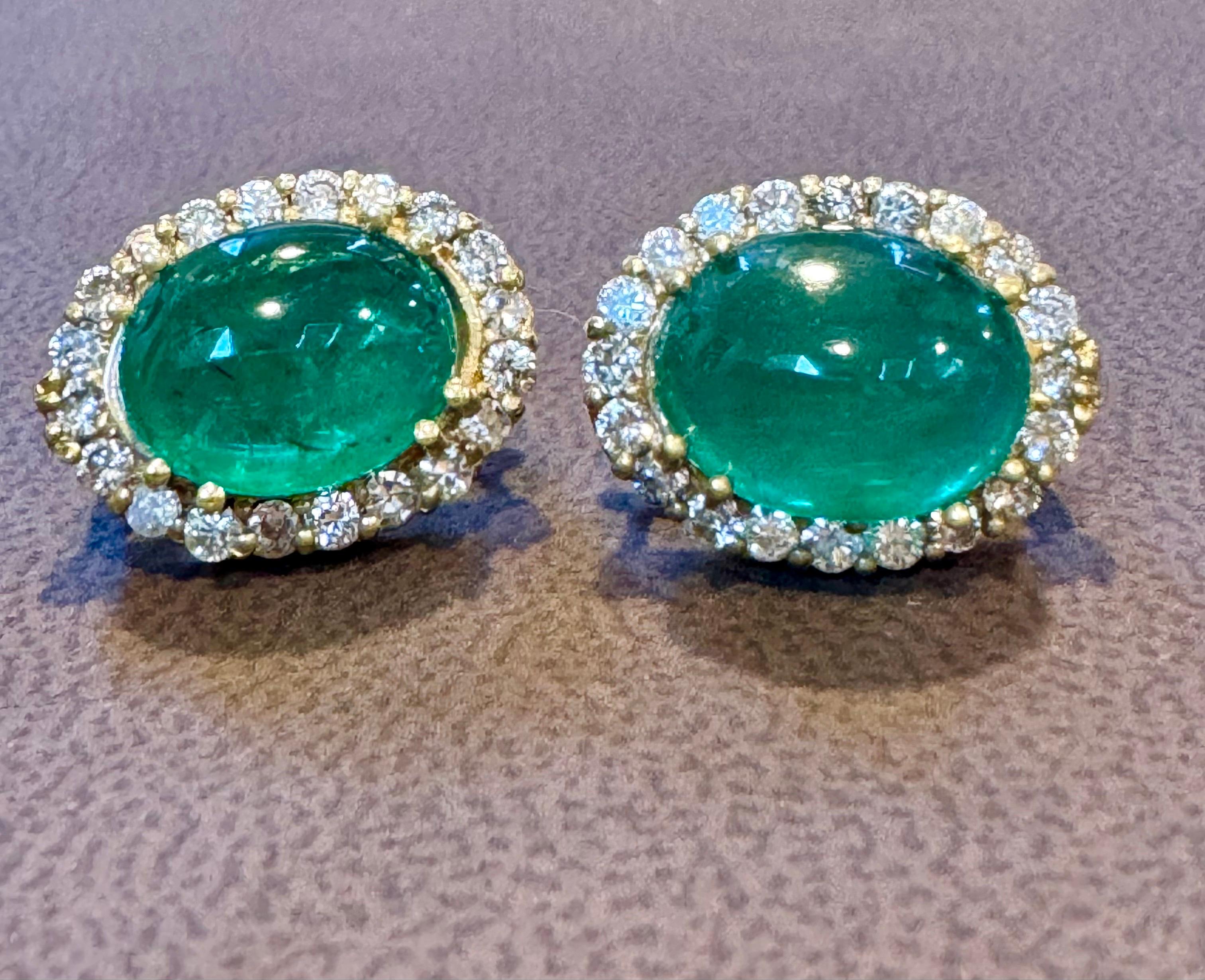 Approximately 10  Carat of Natural Zambian Emerald Cabochon and 2 Ct diamonds  earrings in Yellow gold

Each  Emerald is about 5 carat 
Very desirable color and quality. Extreme fine color and clarity.
perfect matching pair made in 14 Karat Yellow
