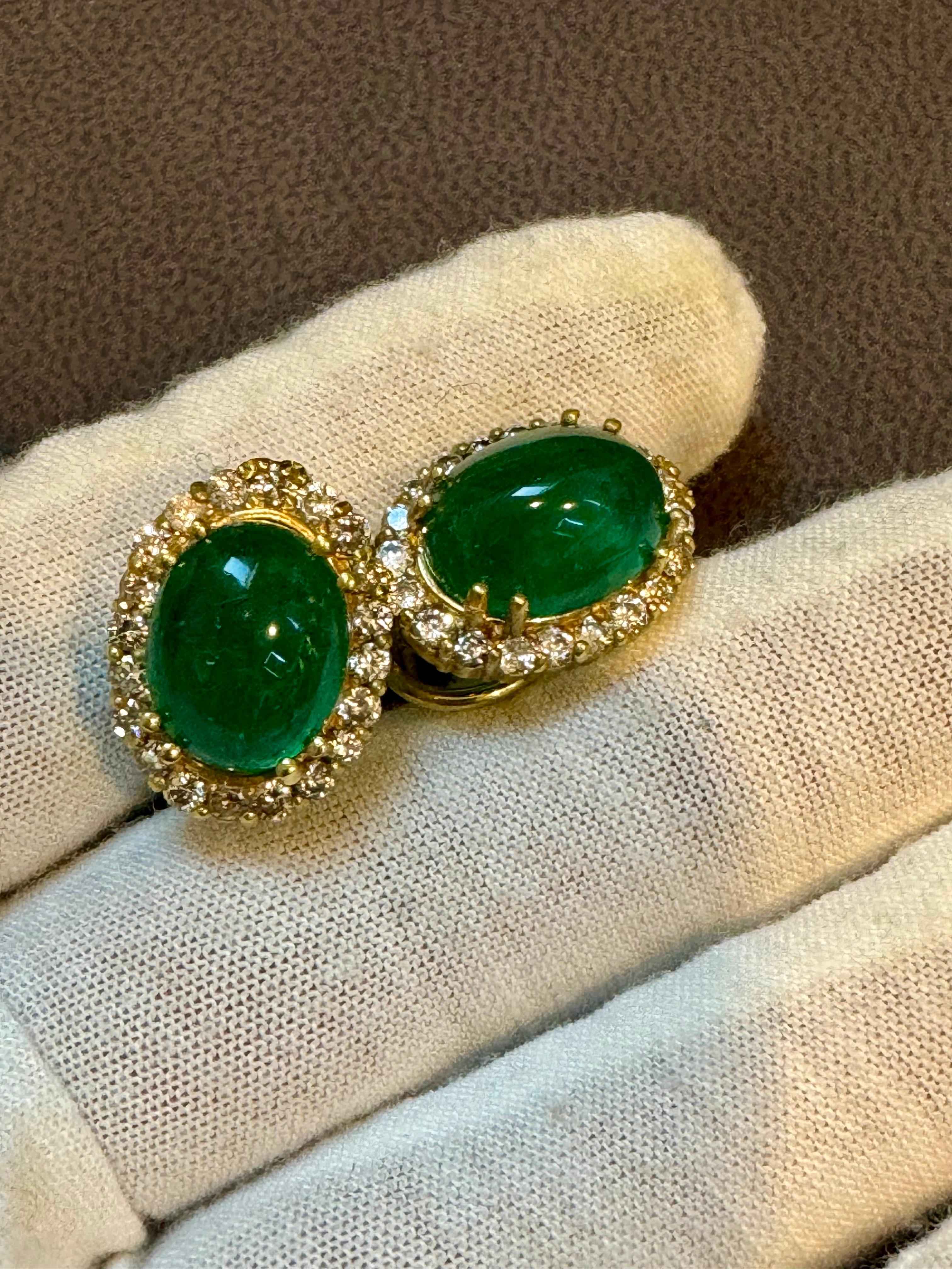 10 Ct Natural Emerald Zambian Cabochon & 2 Ct Diamond Stud Earring 14 KY Gold For Sale 1
