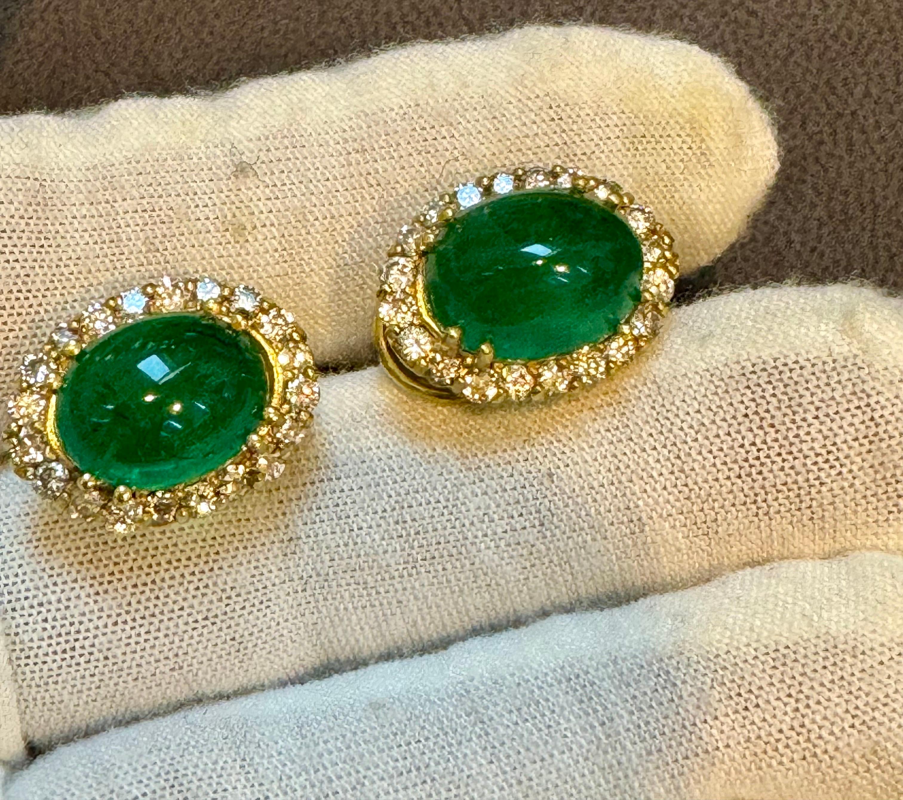 10 Ct Natural Emerald Zambian Cabochon & 2 Ct Diamond Stud Earring 14 KY Gold For Sale 2