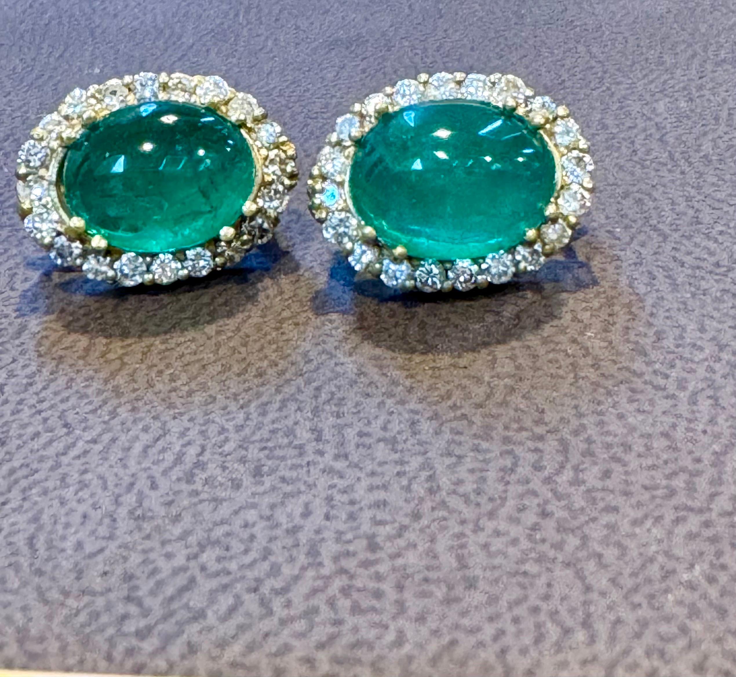 10 Ct Natural Emerald Zambian Cabochon & 2 Ct Diamond Stud Earring 14 KY Gold For Sale 3