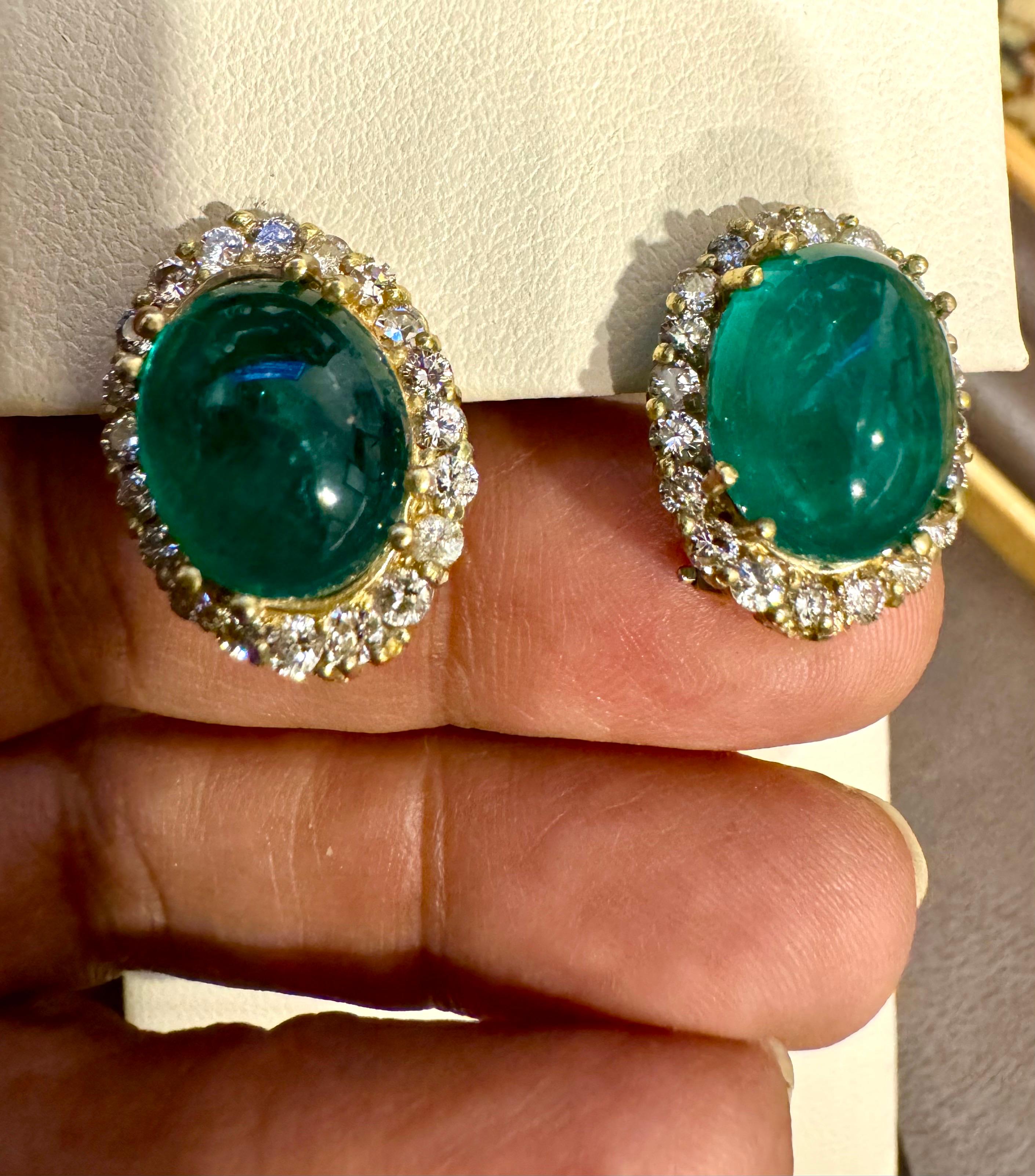 10 Ct Natural Emerald Zambian Cabochon & 2 Ct Diamond Stud Earring 14 KY Gold For Sale 4