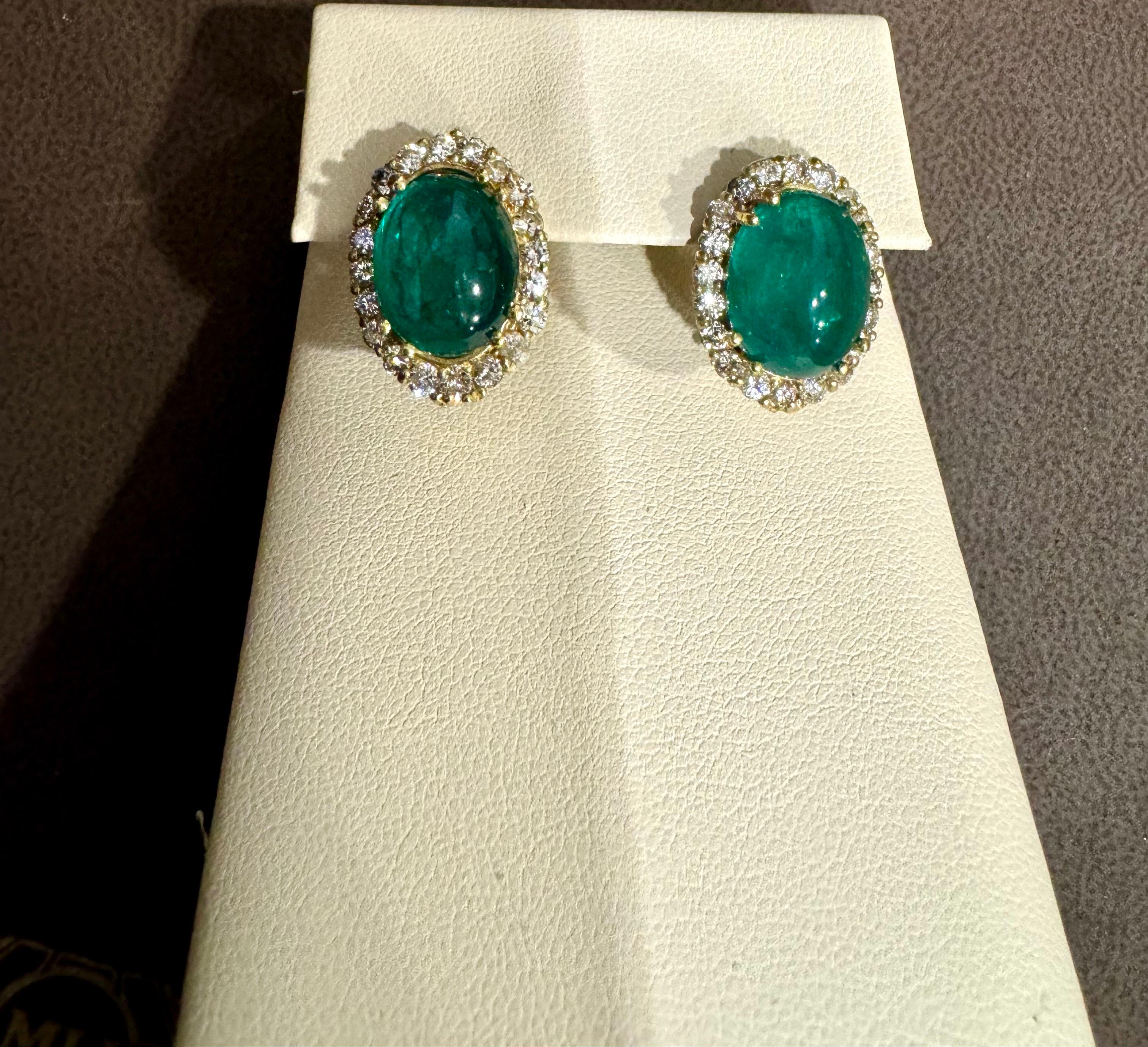 10 Ct Natural Emerald Zambian Cabochon & 2 Ct Diamond Stud Earring 14 KY Gold For Sale 5