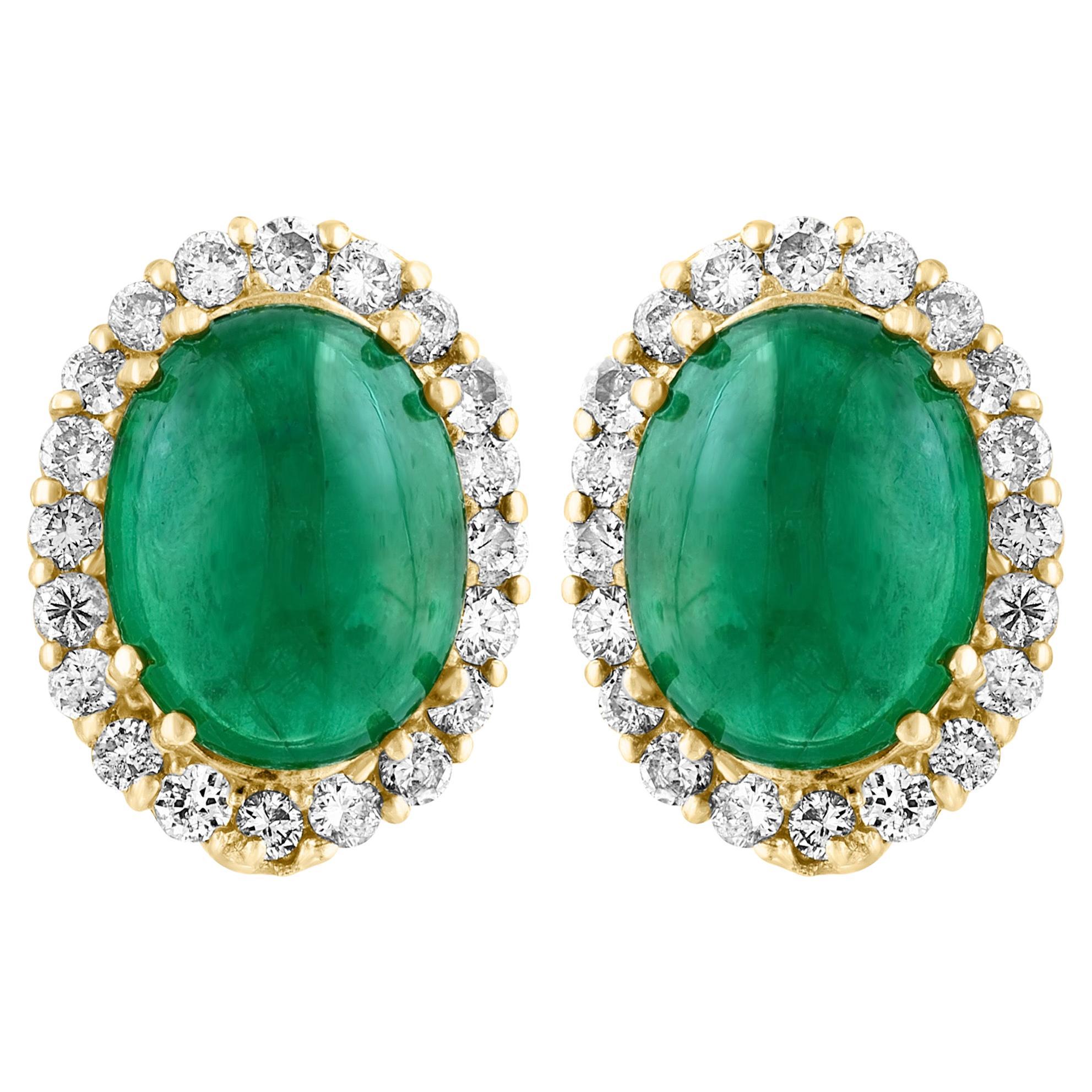 10 Ct Natural Emerald Zambian Cabochon & 2 Ct Diamond Stud Earring 14 KY Gold For Sale