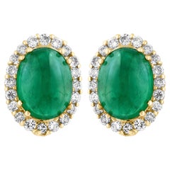 10 Karat natürlicher Smaragd Zambian Cabochon & 2 Karat Diamant-Ohrstecker 14 KY Gold
