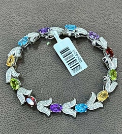 10 Ct Natural Multi Semi Precious & Diamond Tennis Bracelet 14 Karat White Gold