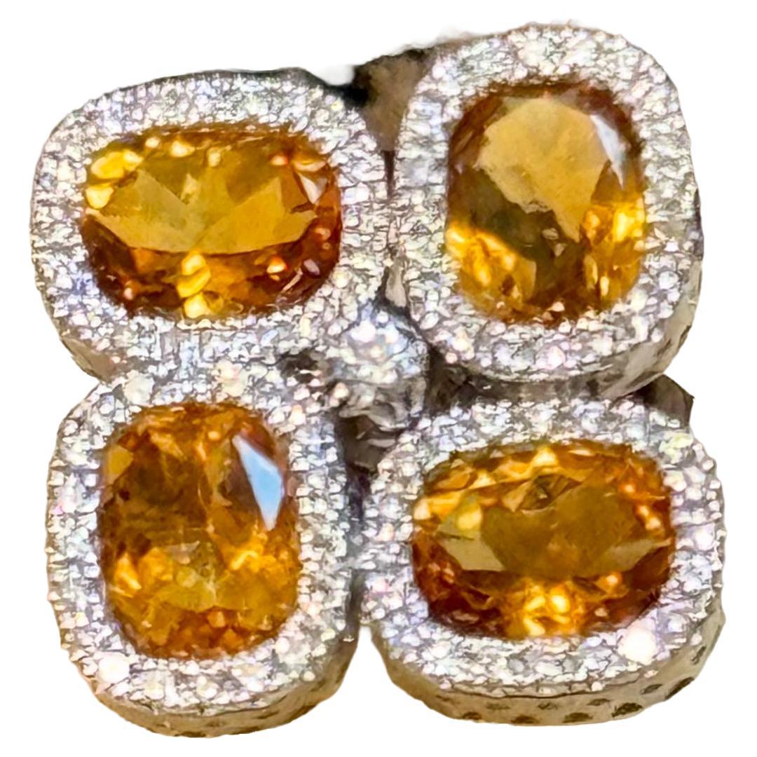 10 Ct Natural Round Citrine & Diamond Cocktail Ring 18 Karat White Gold, Estate For Sale