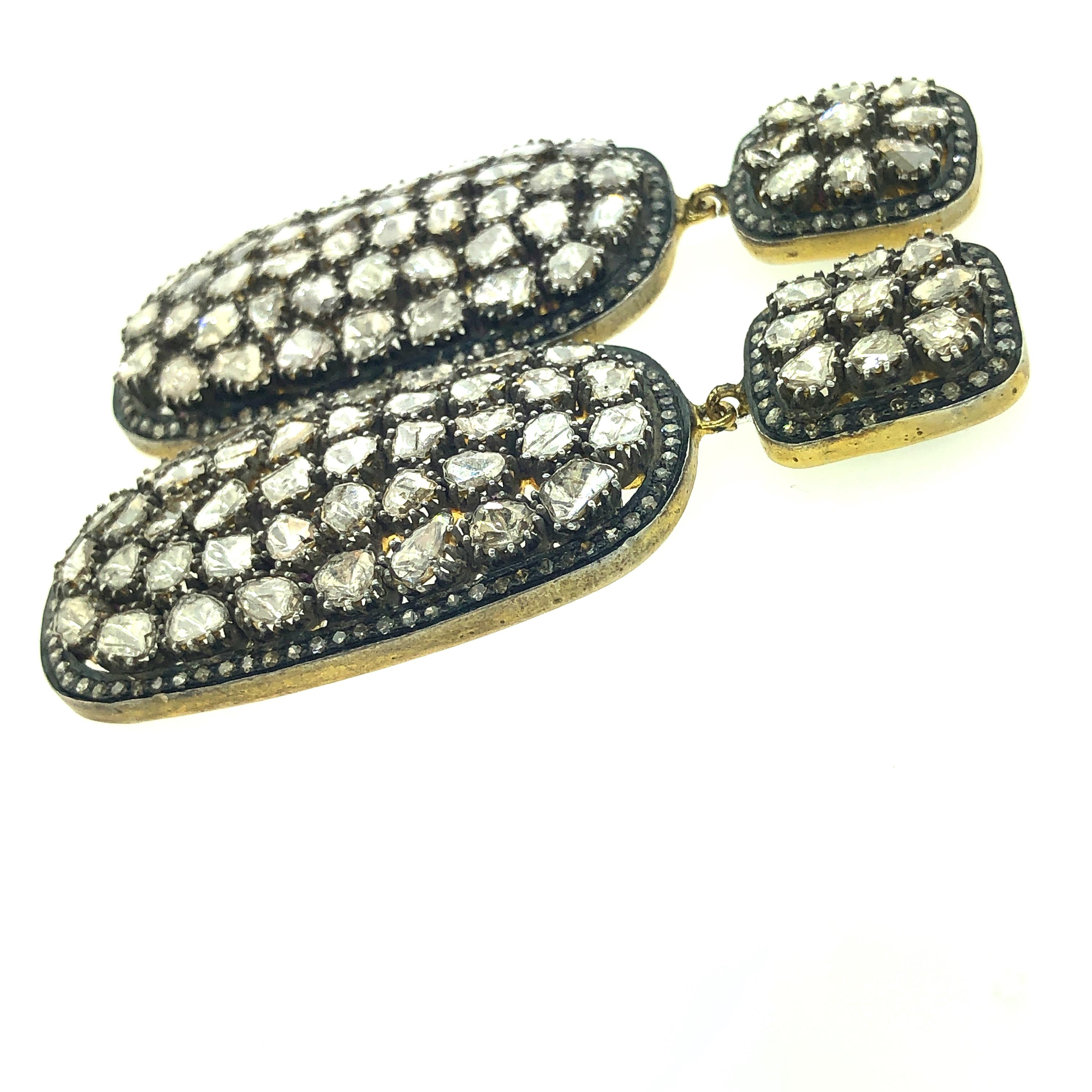 2.5 Inch Long 10 ct Old Mine Cut (Polki) Diamond Earring set in Oxidized Sterling Silver with pure 14K Gold post and back of earring. The old mine cut (polki) diamonds are surrounded by a line of pave diamonds. The top square of earring is joined by