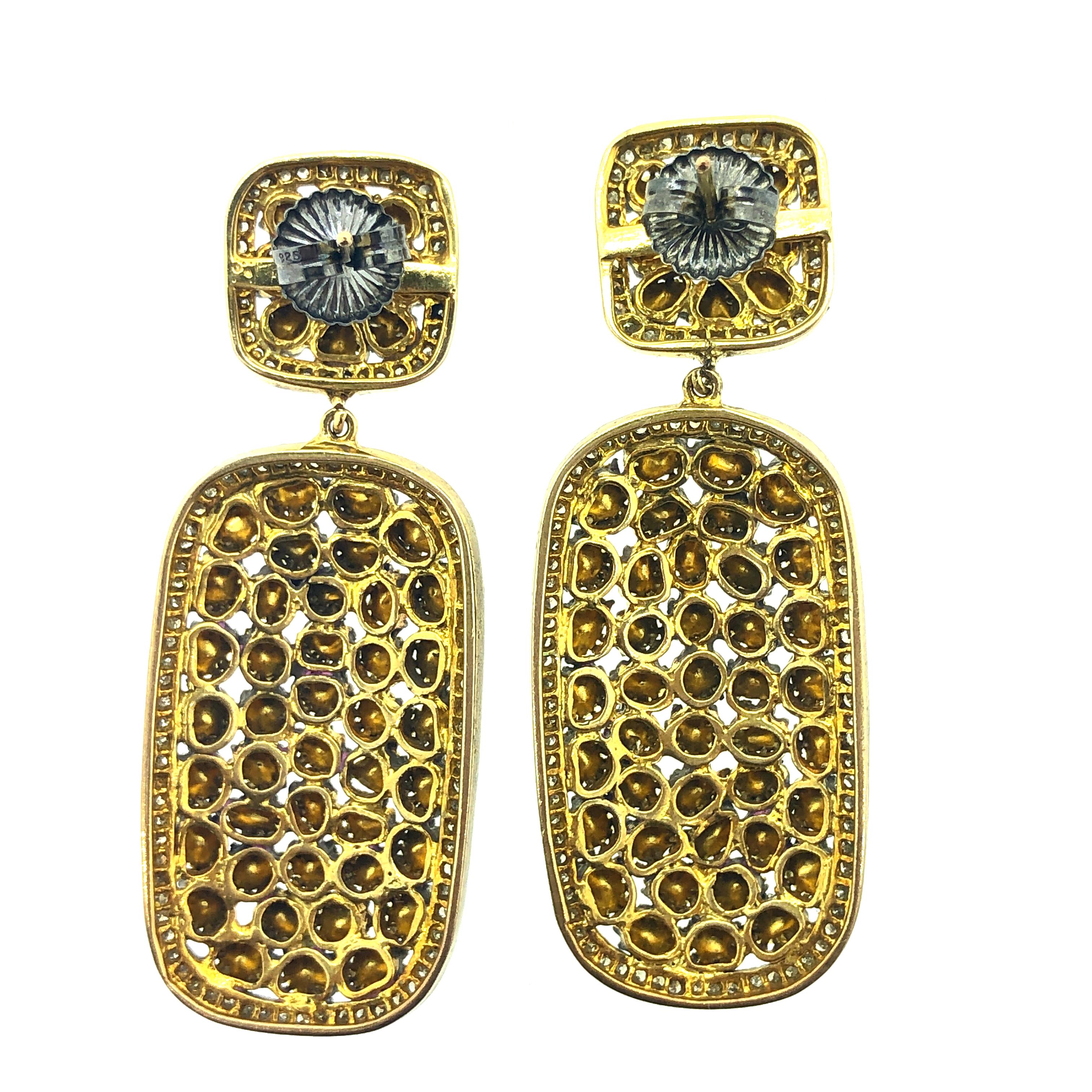 Contemporary 10 ct Old Mine Cut 'Polki' Diamond Earring in Oxidized Sterling Silver, 14K Gold