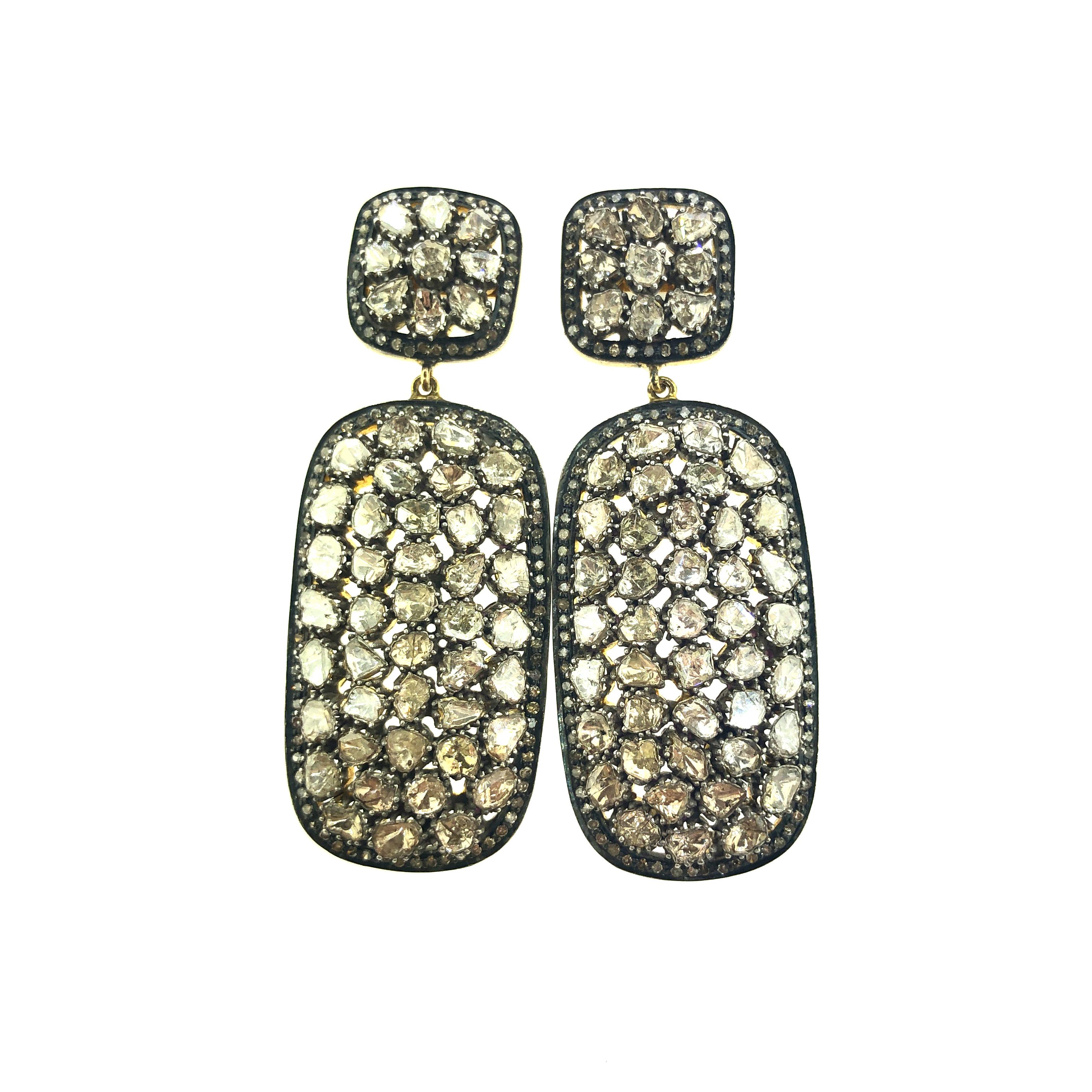 10 ct Old Mine Cut 'Polki' Diamond Earring in Oxidized Sterling Silver, 14K Gold In New Condition In New York, NY