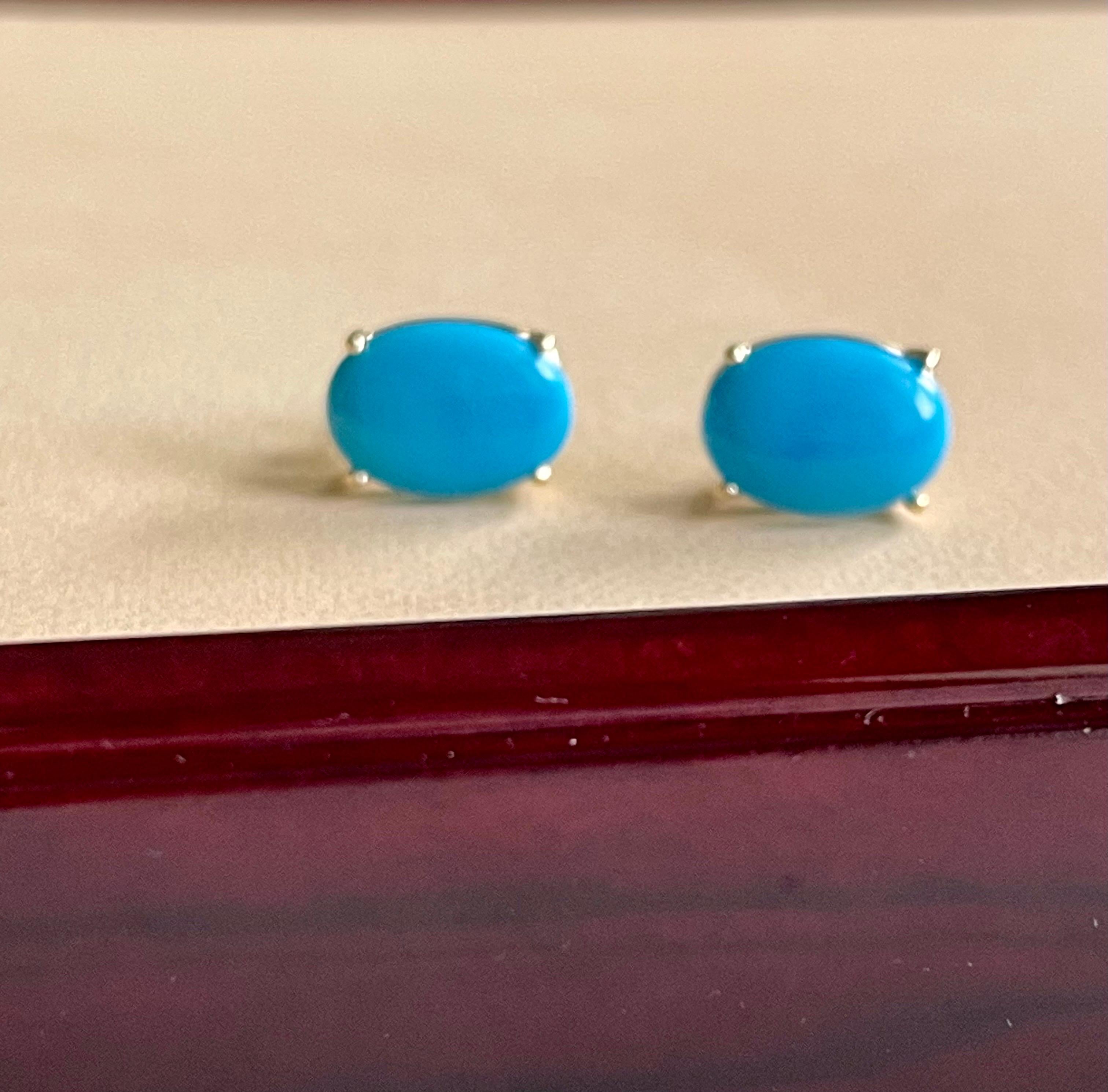 10 Ct Oval Natural Sleeping Beauty Turquoise Stud Earrings 14 K Yellow Gold For Sale 3