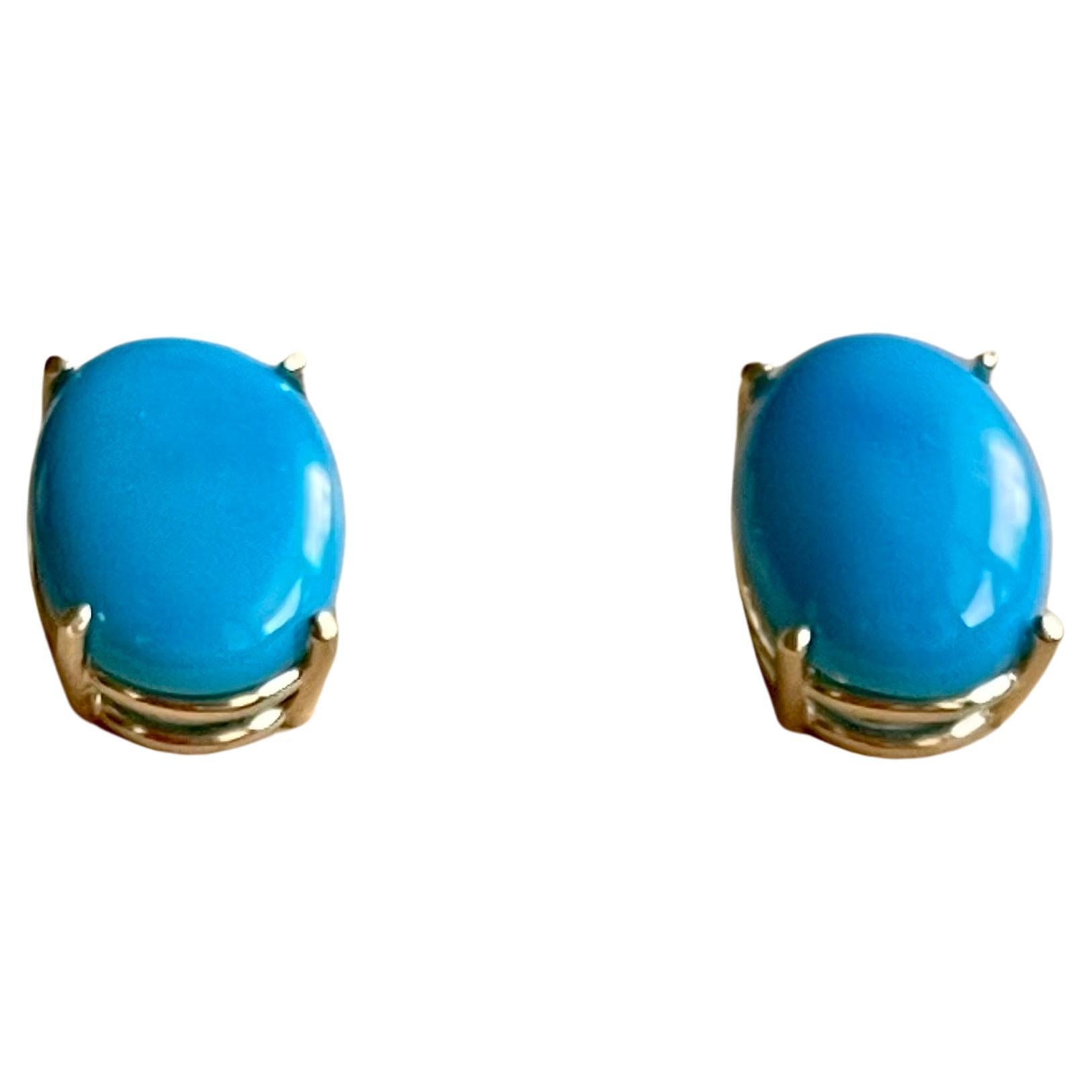 10 Ct Oval Natural Sleeping Beauty Turquoise Stud Earrings 14 K Yellow Gold For Sale