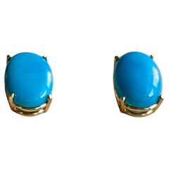 Vintage 10 Ct Oval Natural Sleeping Beauty Turquoise Stud Earrings 14 K Yellow Gold