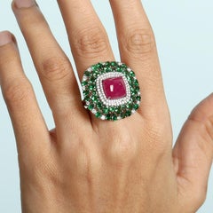 10ct Sugarloaf Mozambique Ruby Ring With Tsavorite & Diamonds In 18k White Gold