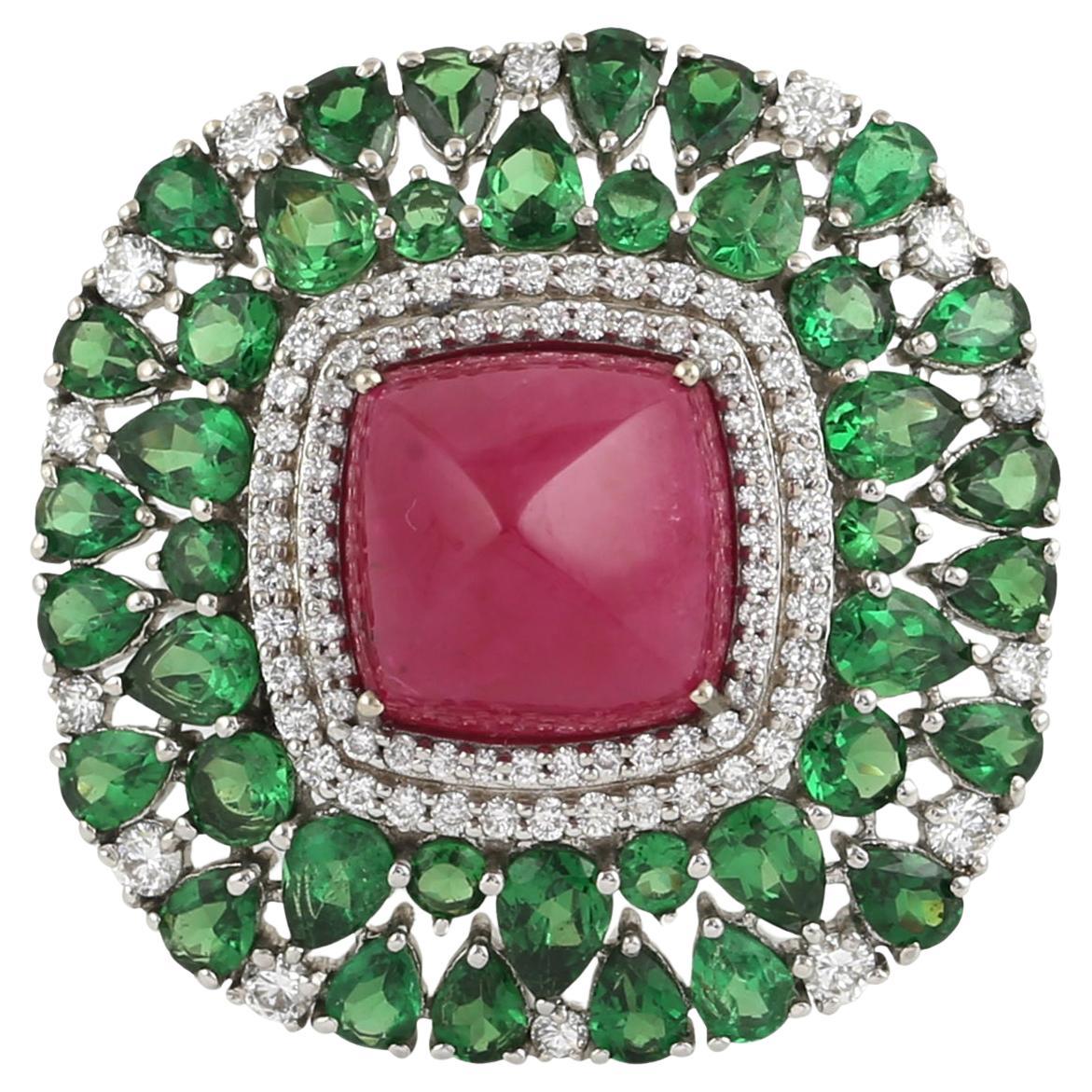 10ct Sugarloaf Mozambique Ruby Ring With Tsavorite & Diamonds In 18k White Gold