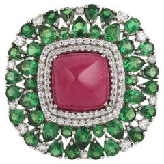 10ct Sugarloaf Mozambique Ruby Ring With Tsavorite & Diamonds In 18k White Gold
