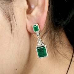 10 ct Zambian Emerald 2 Tier Dangle Earrings With Diamonds In 18k Yellow Gold
