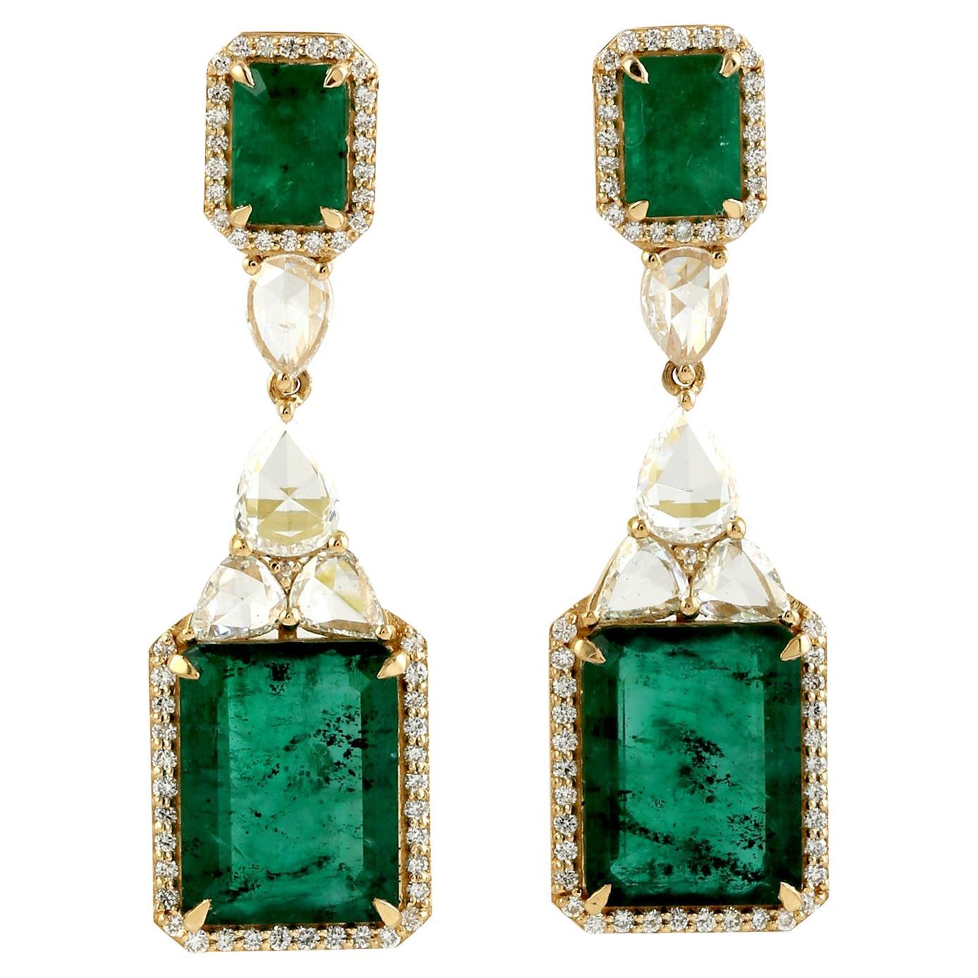 10 ct Zambian Emerald 2 Tier Dangle Earrings With Diamonds In 18k Yellow Gold For Sale