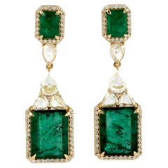 10 ct Zambian Emerald 2 Tier Dangle Earrings With Diamonds In 18k Yellow Gold