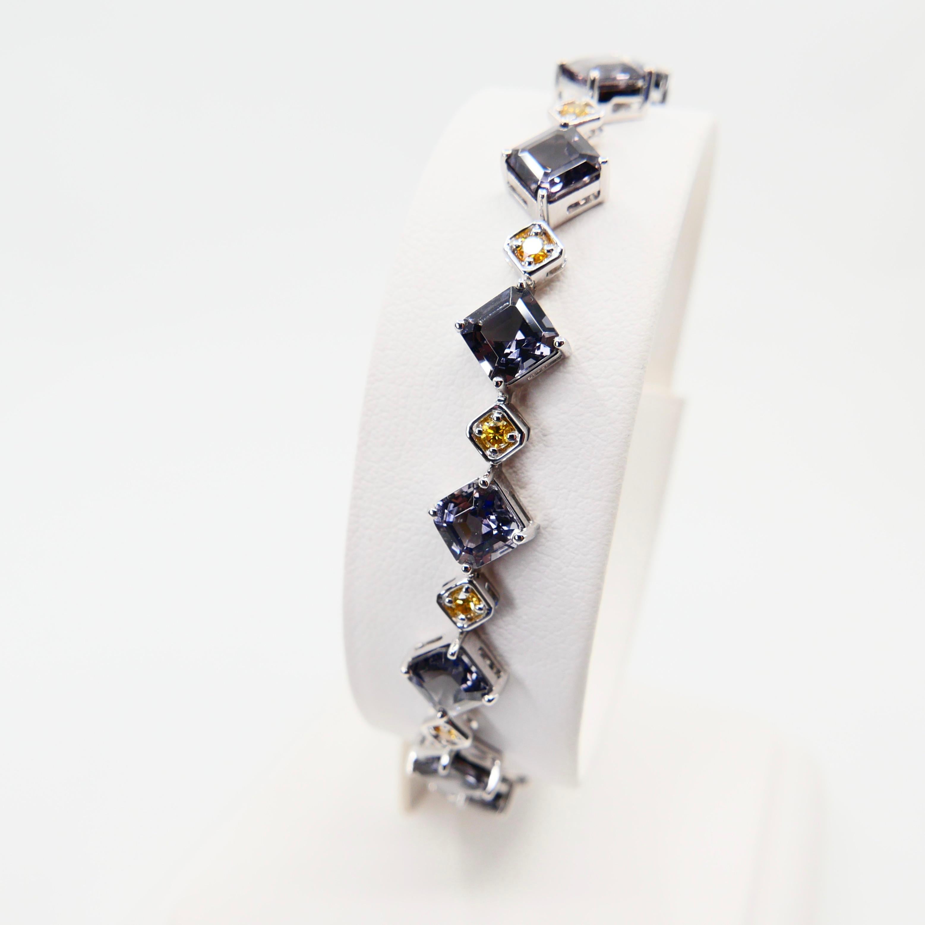 Women's 5mm Asscher Cut Grey Spinel & Fancy Vivid Yellow Diamond Tennis Bracelet. For Sale