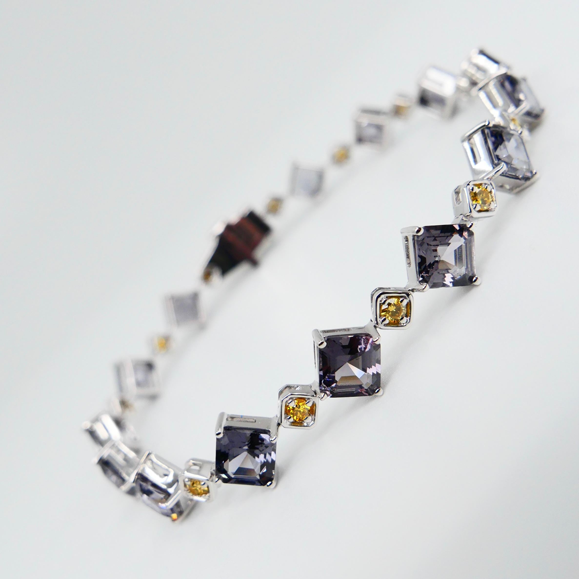 10 Ct Asscher Cut Grey Spinel & Fancy Vivid Yellow Diamond Tennis Bracelet. For Sale 1