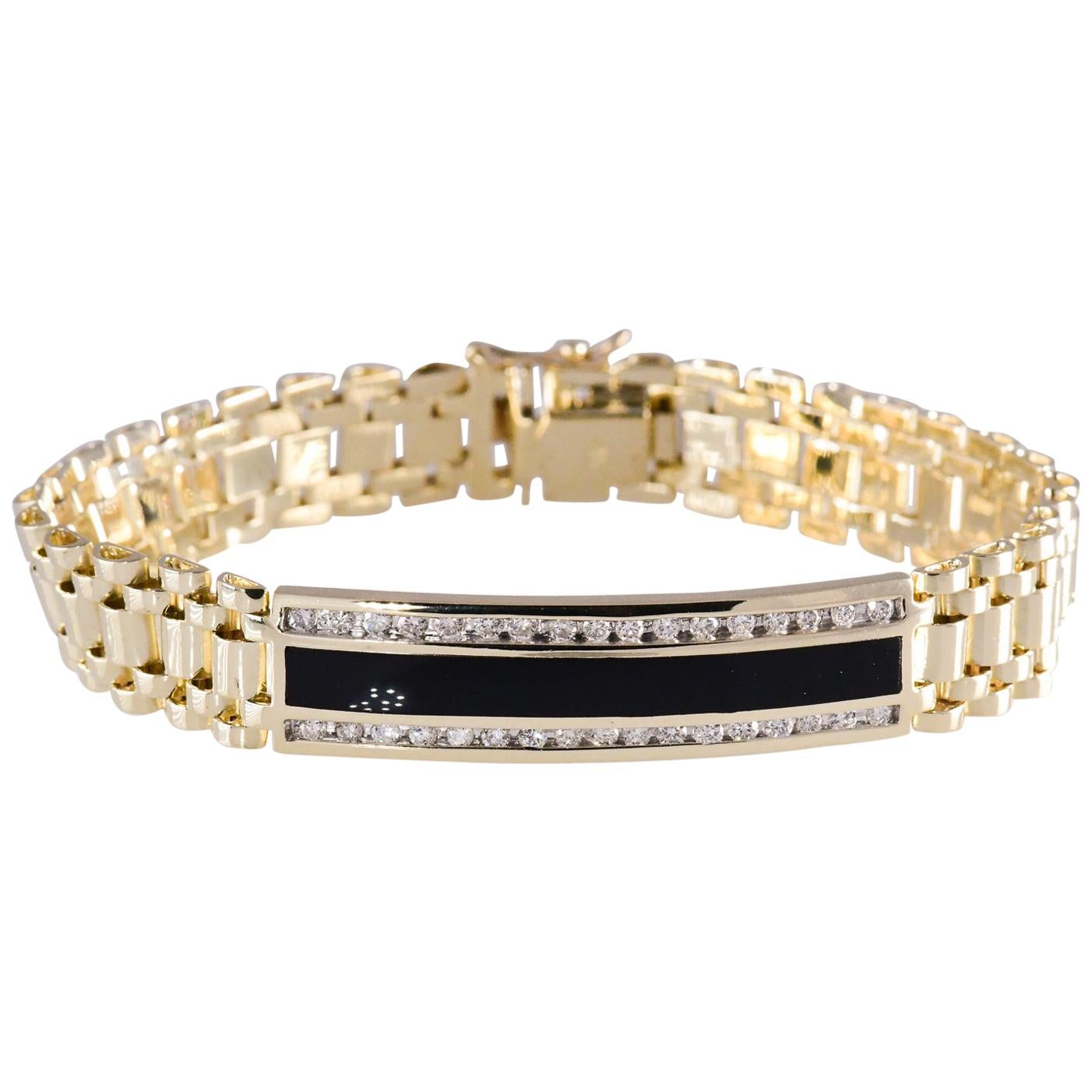 1.0 Carat Diamond and Onyx Bracelet 14 Karat Gold 35.6 Gms Rolex Style Band