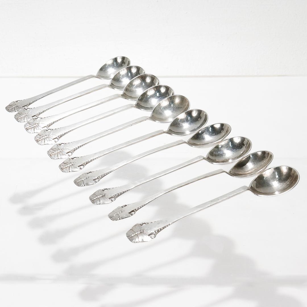 A fine set of 10 Danish silver demitasse spoons.

In the Butterfly or Sommerflugl pattern.

By Frigast.

With Danish assay marks for 1919 and a minimum silver fineness of 826/1000. Marked for the assay master Christian F. Heise. 

Each bearing a