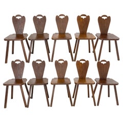10 Dining Chairs Swiss Alp Escabelles Oak Brutalist Style, French, 1950