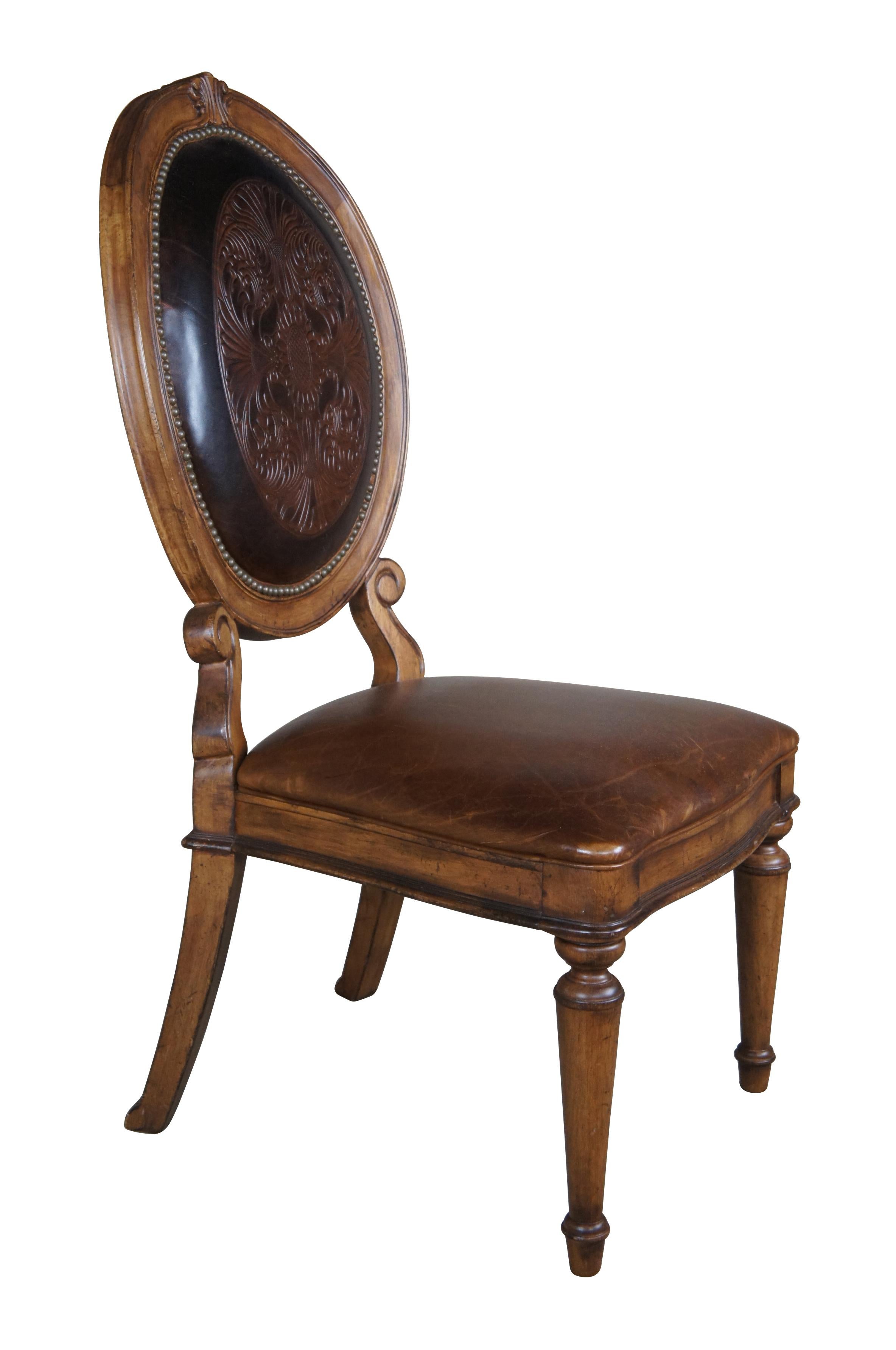 10 Drexel Heritage Tuscan Old World Tooled Leather Plaid Oval Back Dining Chairs In Good Condition In Dayton, OH