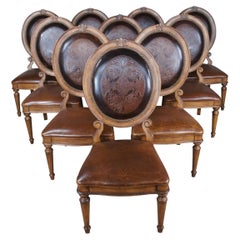 10 chaises de salle à manger toscanes à dossier ovale en cuir à carreaux du Vieux Monde de Drexel Heritage
