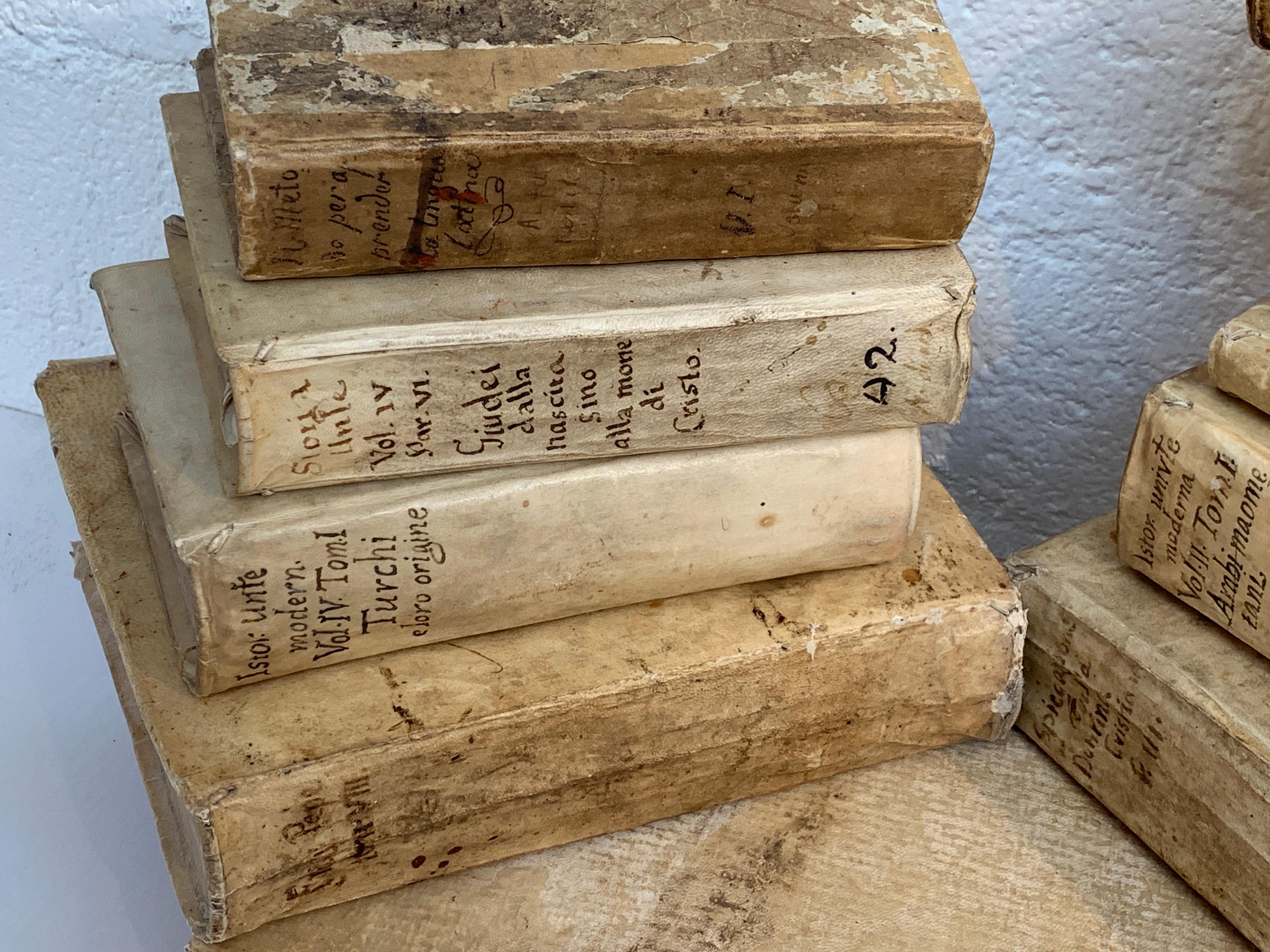 10 miscellaneous vellum covered texts. These date from the 18th and 19th centuries and range in size from 14 x 9 inches the largest and 7 x 4 to the smallest. They are in various stages of wear and imperfections, which we have tried to detail in the
