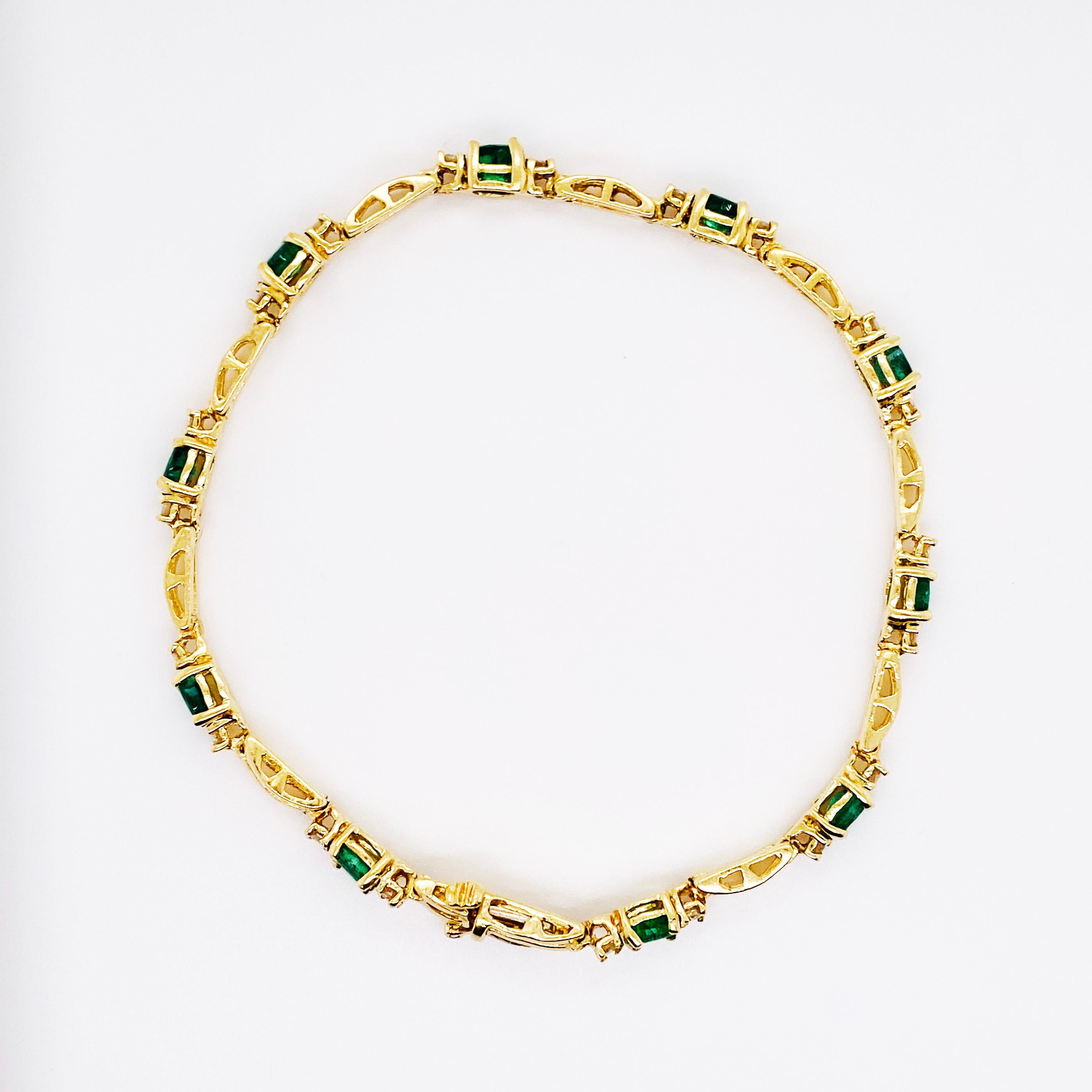 Modern 10 Emerald Bracelet with Diamonds 14 Karat Gold, 3.5 Carat Tennis Bracelet