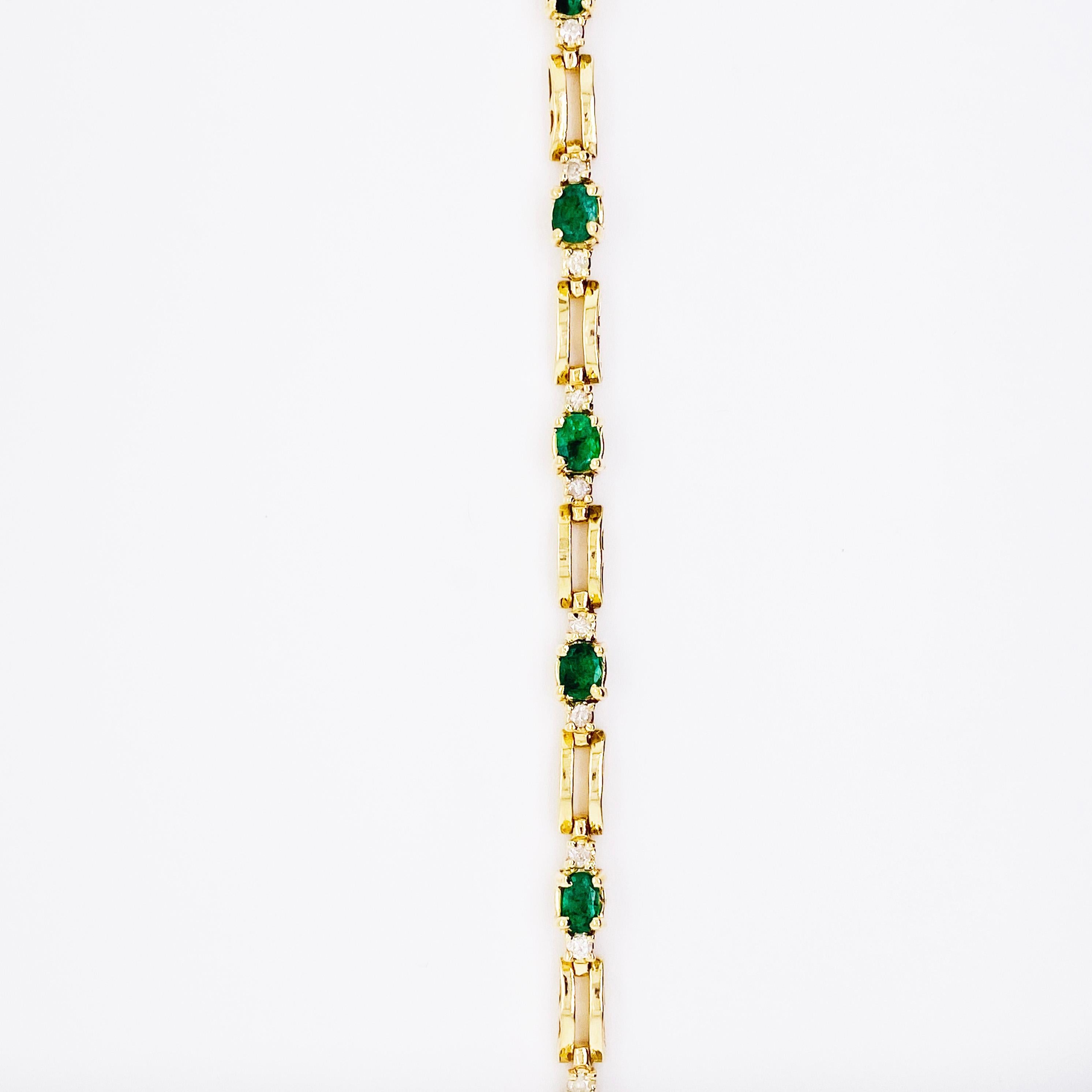 Oval Cut 10 Emerald Bracelet with Diamonds 14 Karat Gold, 3.5 Carat Tennis Bracelet