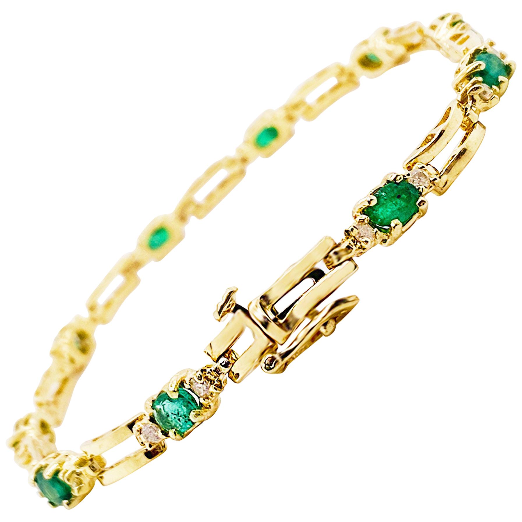 10 Emerald Bracelet with Diamonds 14 Karat Gold, 3.5 Carat Tennis Bracelet