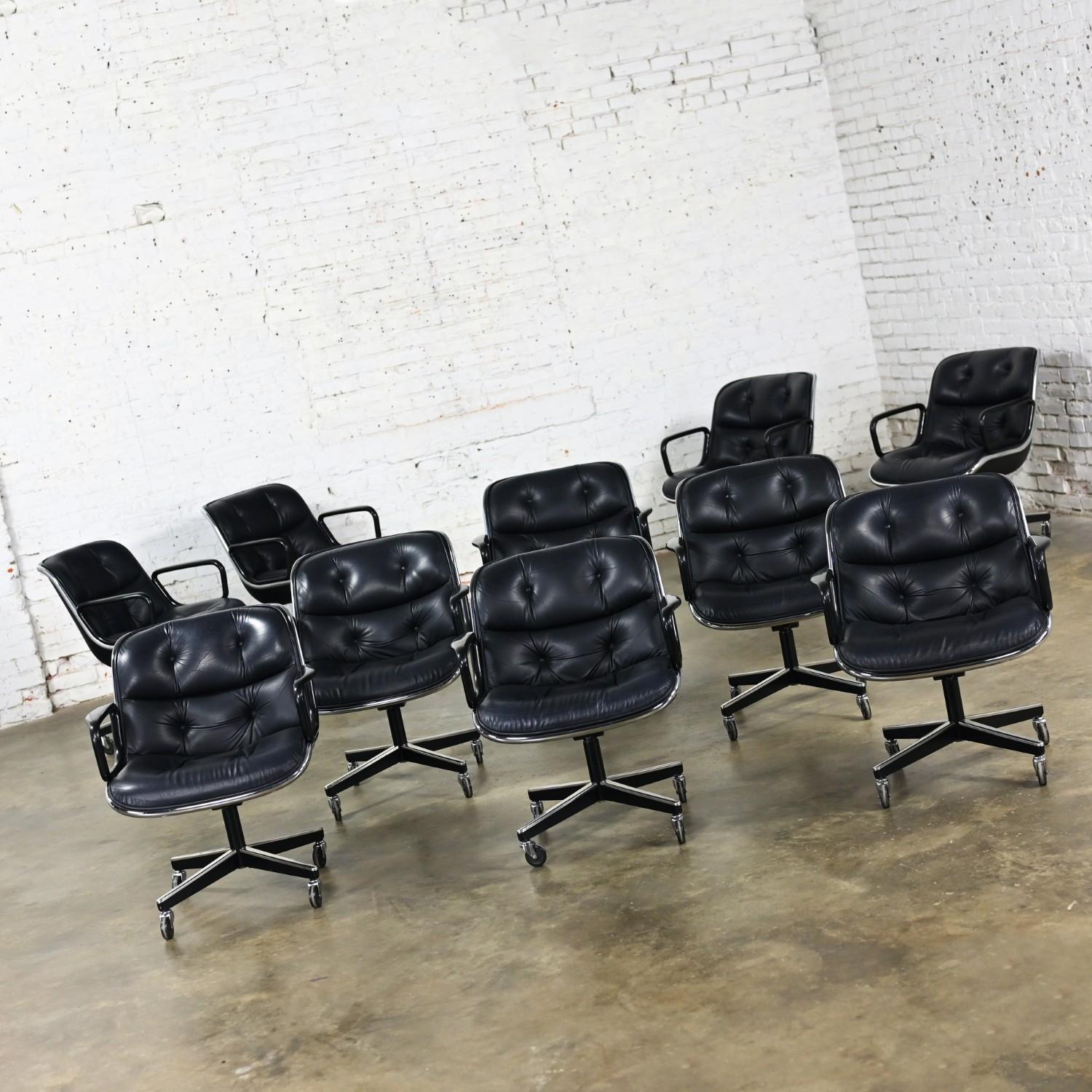 10 Executive Armchairs by Charles Pollock for Knoll Black Leather & 4 Prong Base For Sale 13