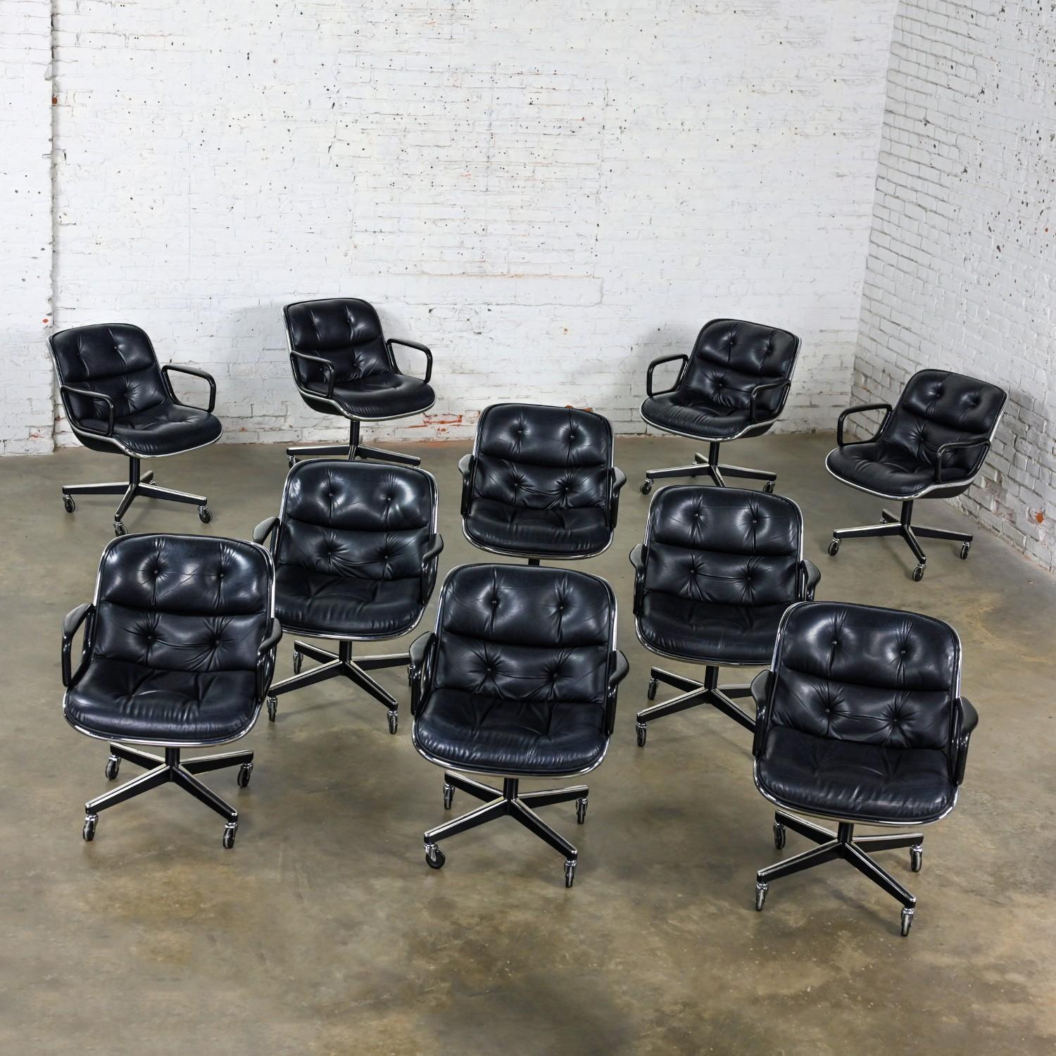 American 10 Executive Armchairs by Charles Pollock for Knoll Black Leather & 4 Prong Base For Sale