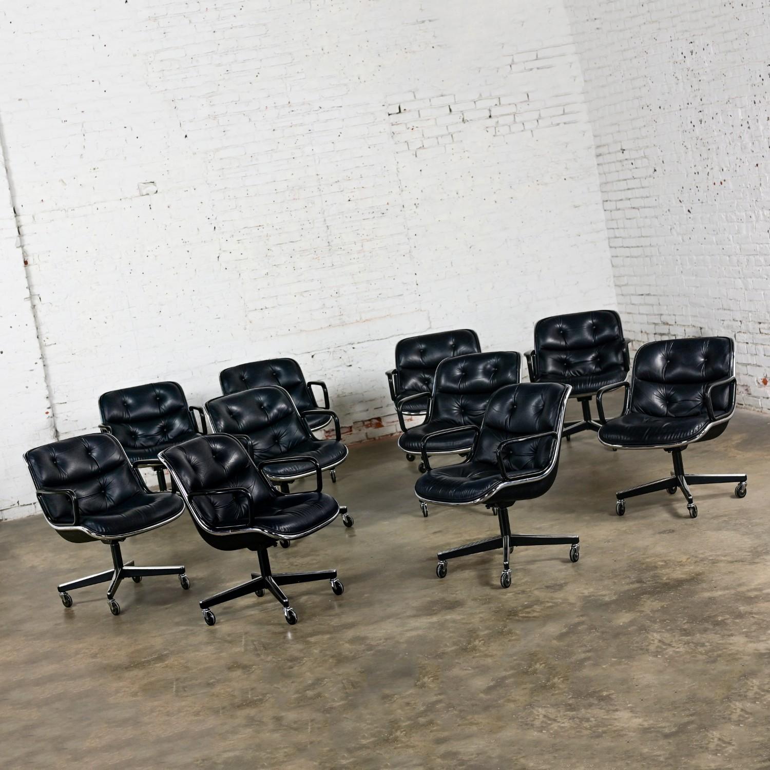 10 Executive Armchairs by Charles Pollock for Knoll Black Leather & 4 Prong Base In Good Condition For Sale In Topeka, KS