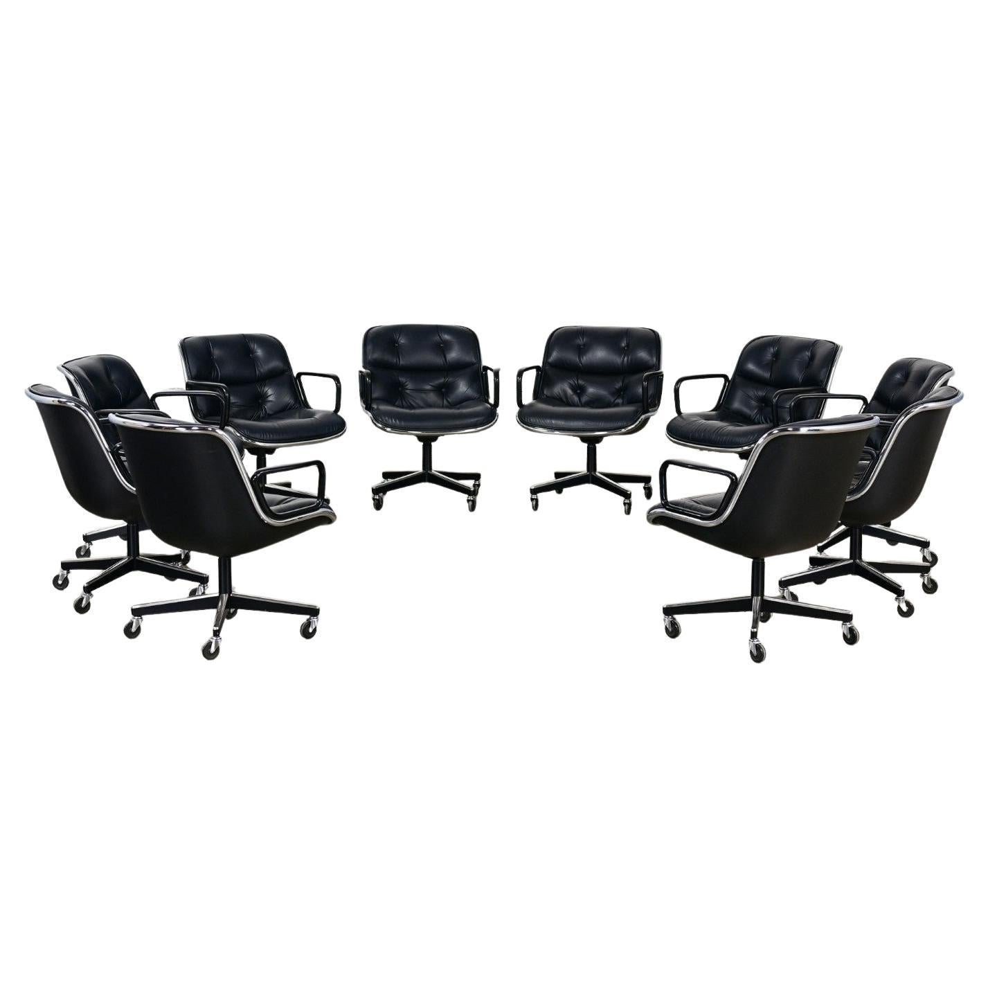 10 Executive Armchairs by Charles Pollock for Knoll Black Leather & 4 Prong Base For Sale