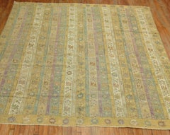 Square Turkish Ghiordes Rug in Plum, Sand Khaki, Celadon Accents