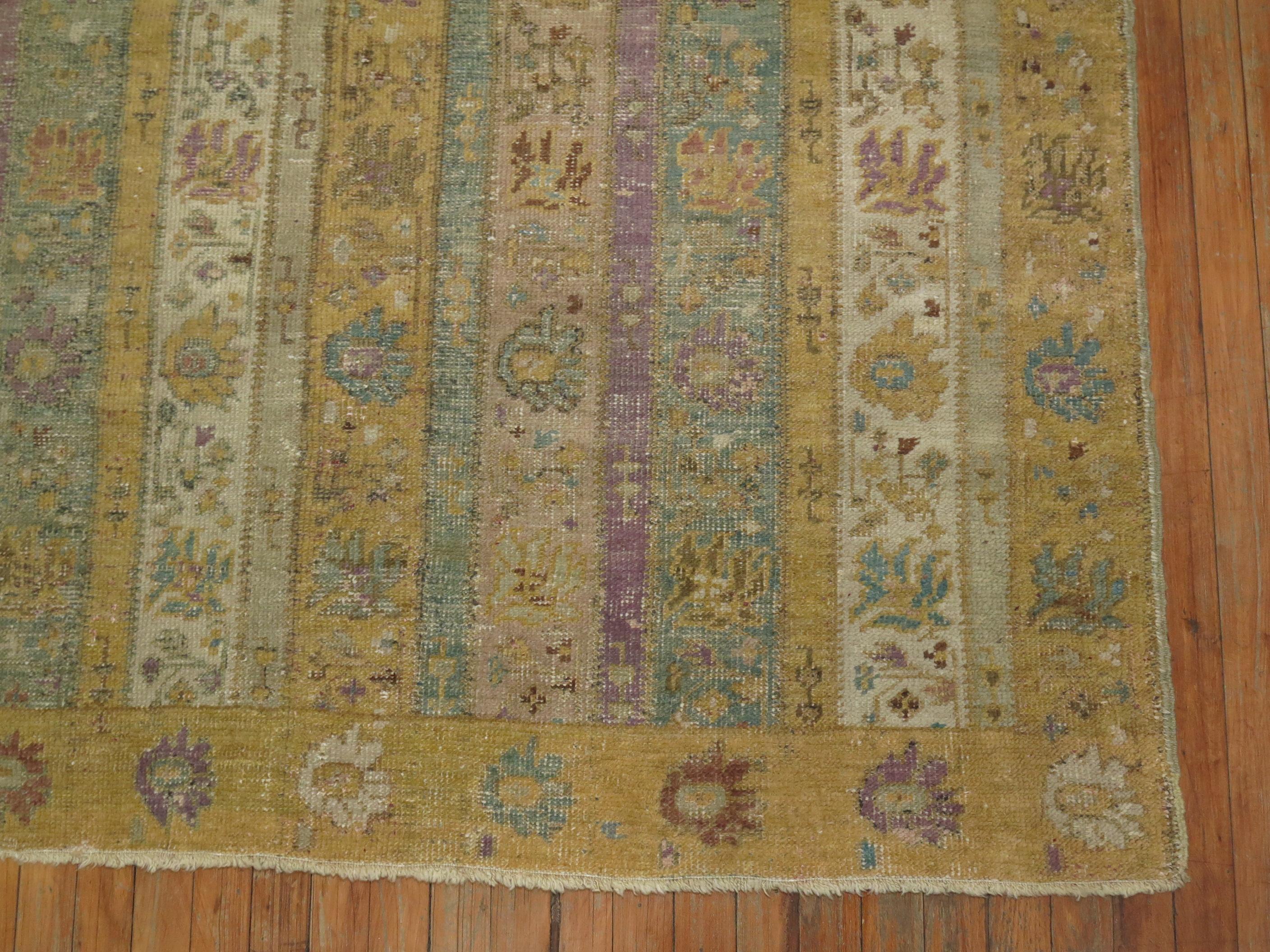 Square Turkish Ghiordes Rug in Plum, Sand Khaki, Celadon Accents In Fair Condition For Sale In New York, NY