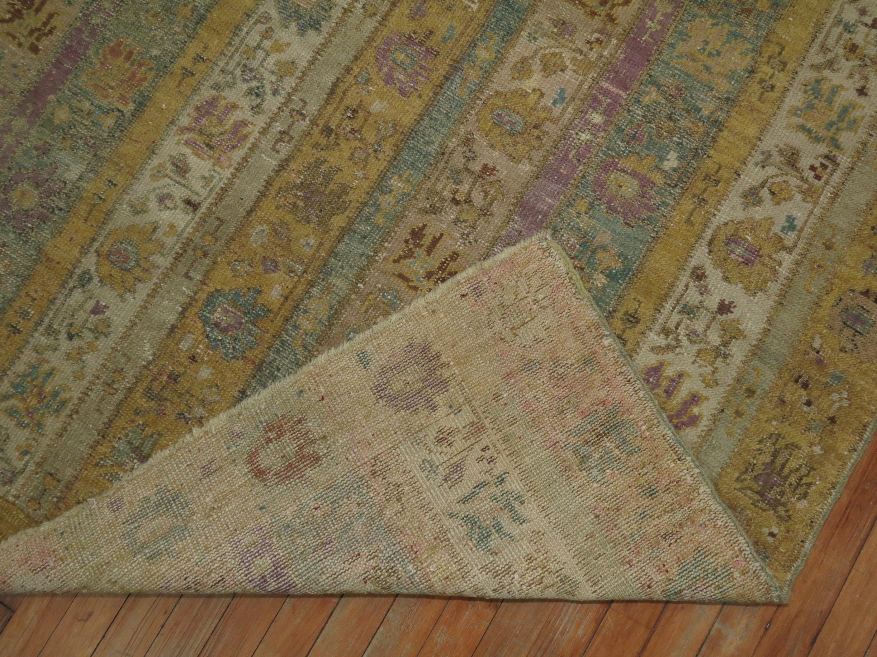 20th Century Square Turkish Ghiordes Rug in Plum, Sand Khaki, Celadon Accents For Sale