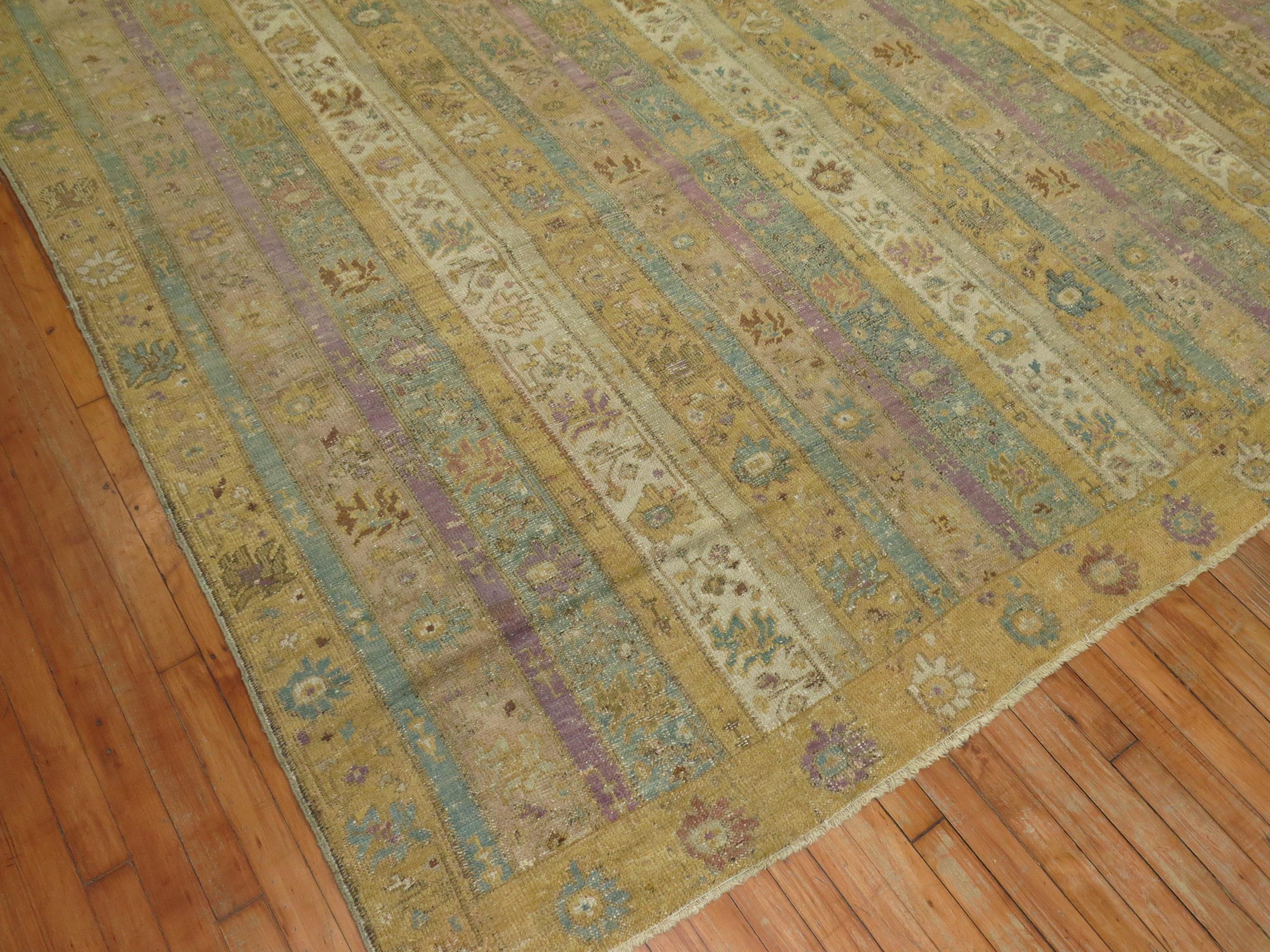 Square Turkish Ghiordes Rug in Plum, Sand Khaki, Celadon Accents For Sale 2