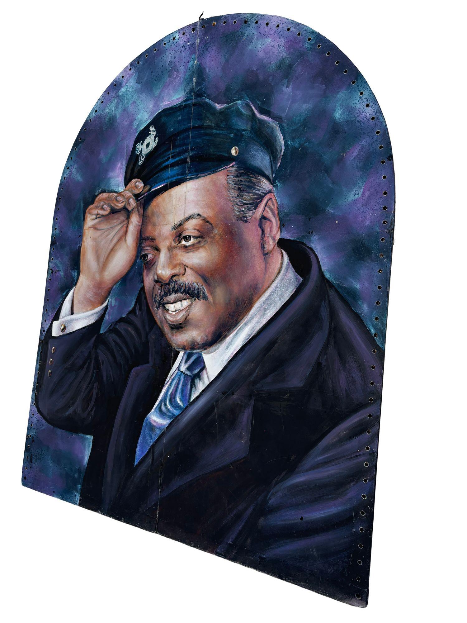 Grand portrait de Duke Ellington de 10 pieds de haut, peint à l'huile sur une toile fixée à un paravent en bois sur un fond moderniste multicolore. Le dos du cadre est signé par Kenmark.

Ce grand paravent comporte 2 grandes toiles fixées sur un