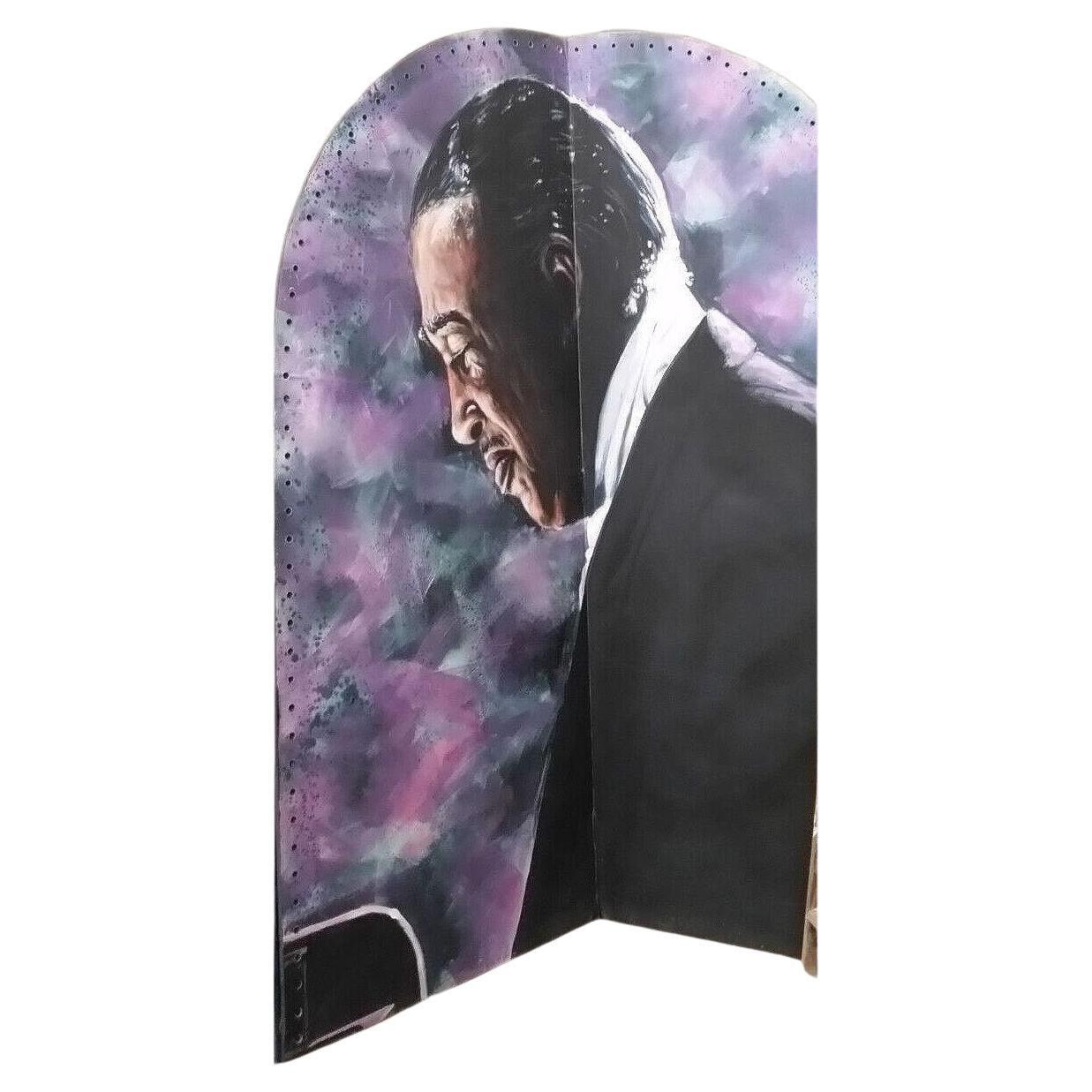 10' Foot Tall Oil on Canvas Portrait of Count Basie Light Up Folding Screen For Sale