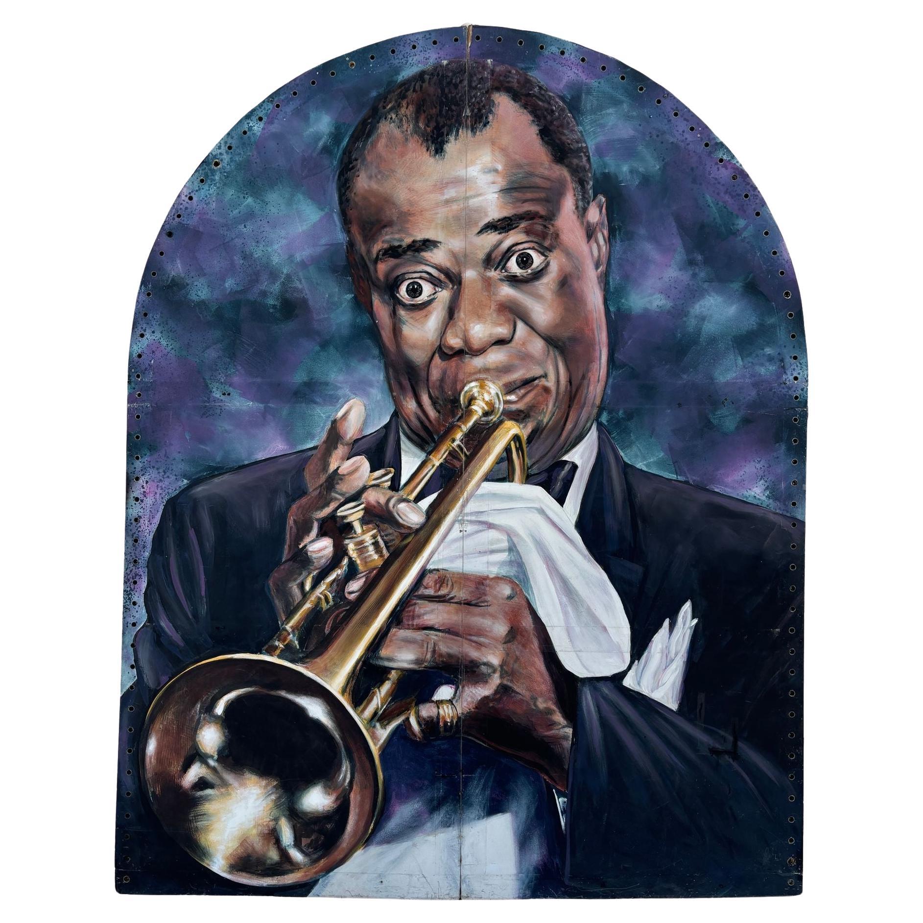 Huile sur toile de 10 pieds de haut Portrait de Louis Armstrong Écran pliant