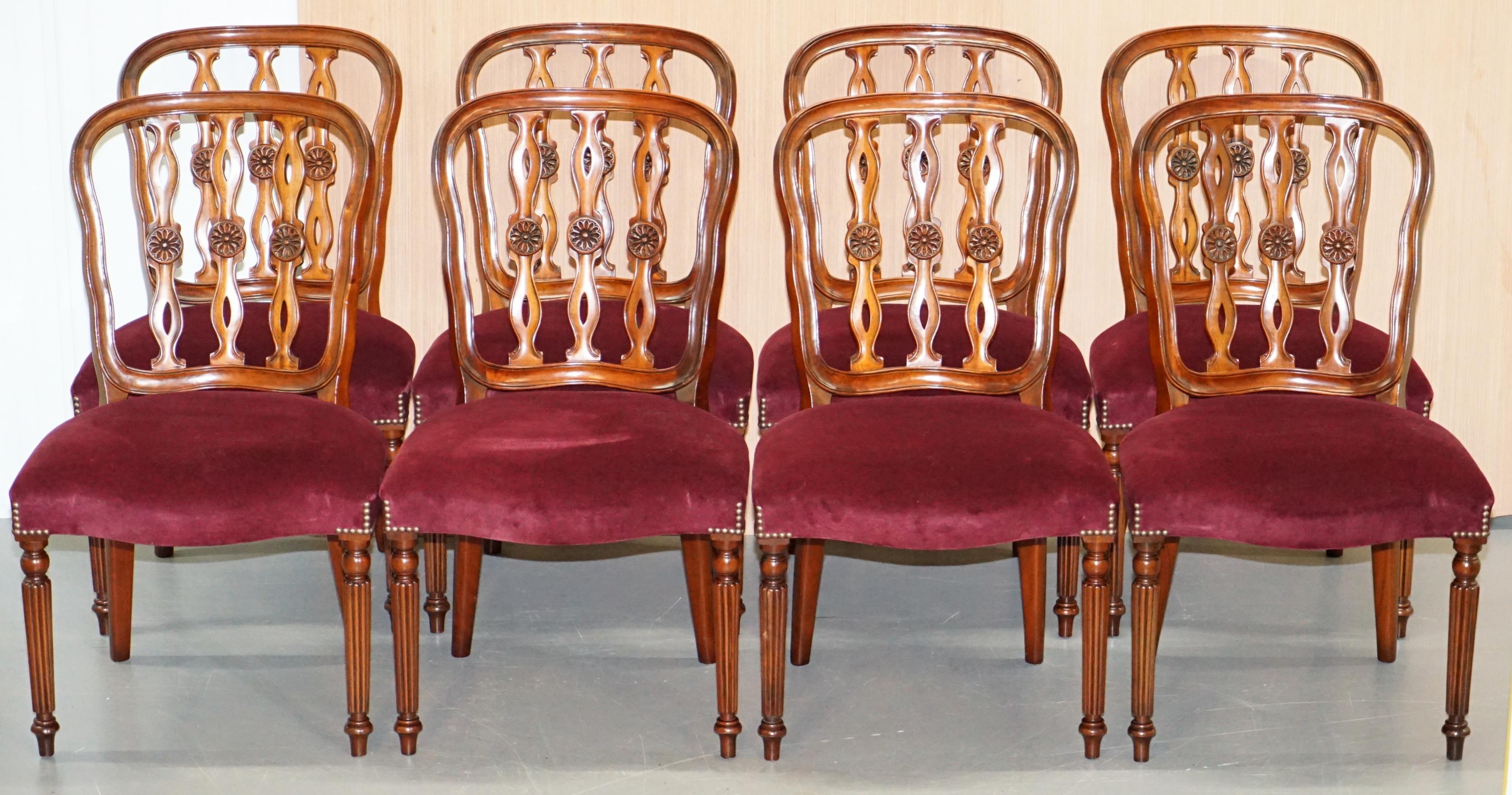 We are delighted to offer for sale this set of ten stunning Mahogany and Rijoa velour dining chairs made by the wonder that was Frank Hudson & Son’s for Harrods London

An absolutely sublime quality set of chairs, each one stamped to the base with