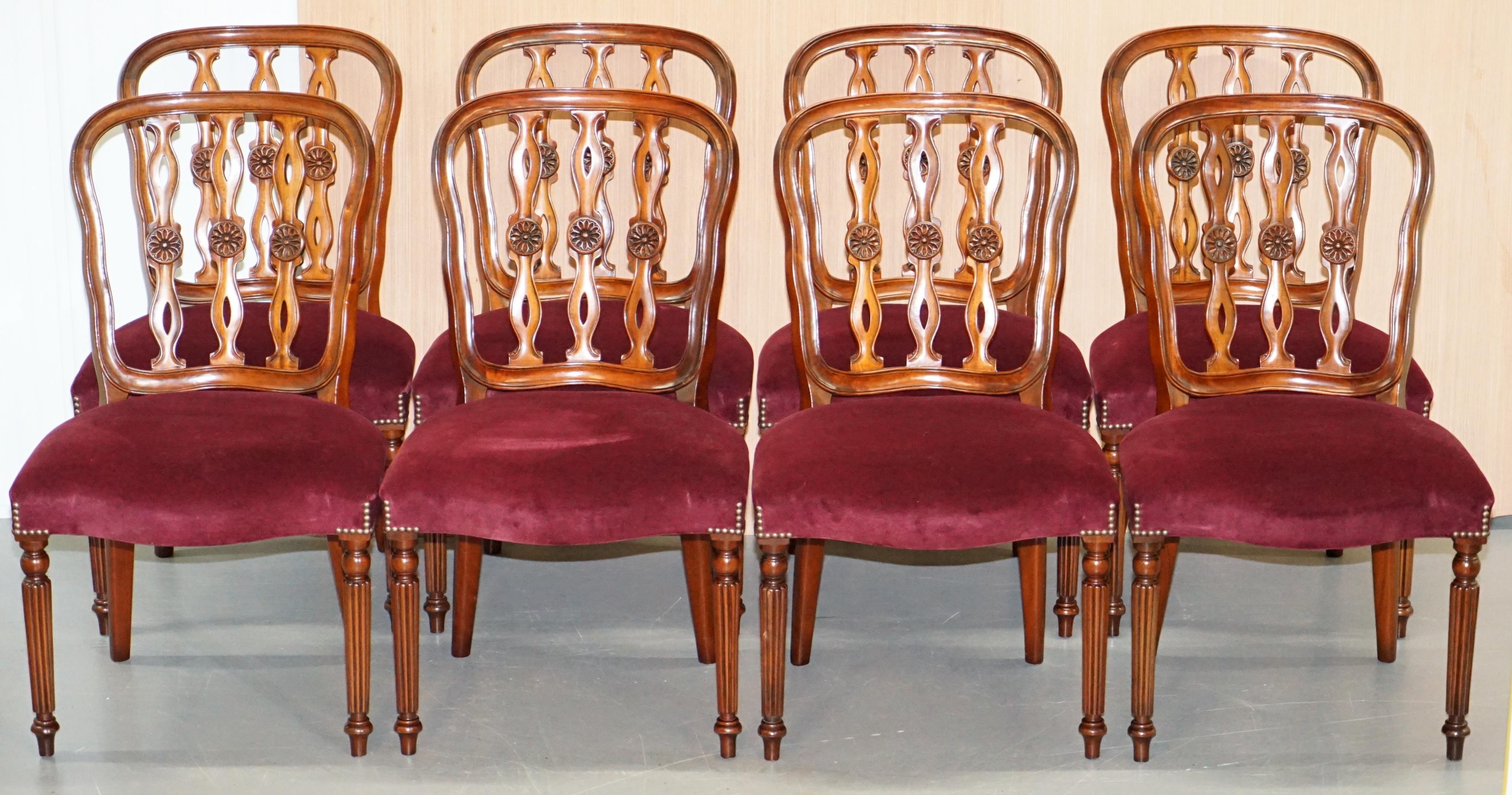 We are delighted to offer for sale this set of ten stunning Mahogany and Rijoa velour dining chairs made by the wonder that was Frank Hudson & Son’s for Harrods London

An absolutely sublime quality set of chairs, each one stamped to the base with