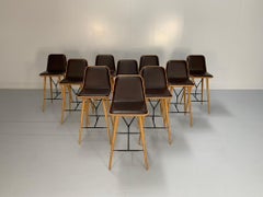 10 Fredericia "Spine" Counter Bar Stools - In Brown Leather & Oak