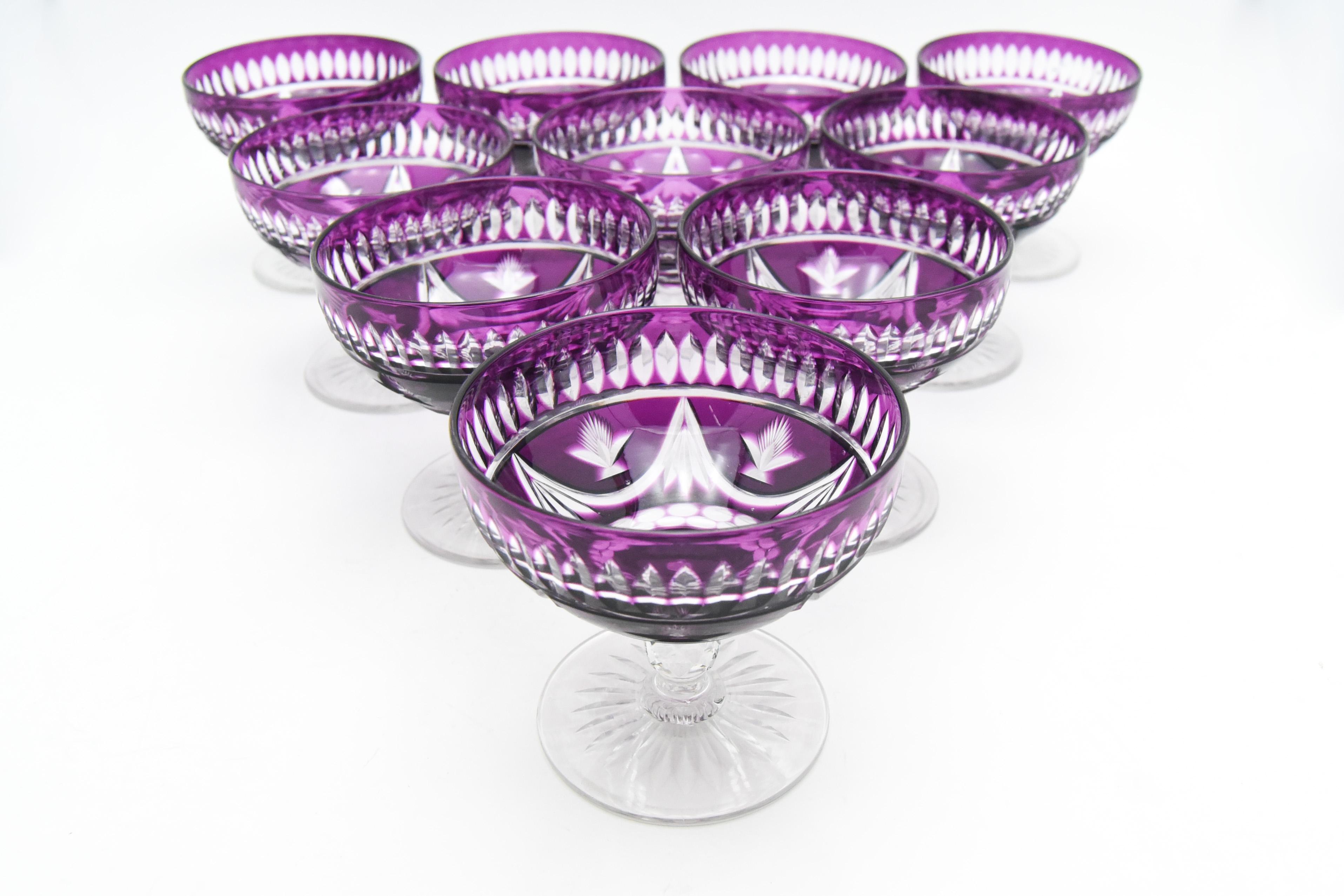 Art Deco 10 French Hand Blown Crystal Amethyst Cut to Clear Champagne Cocktail Coupes For Sale