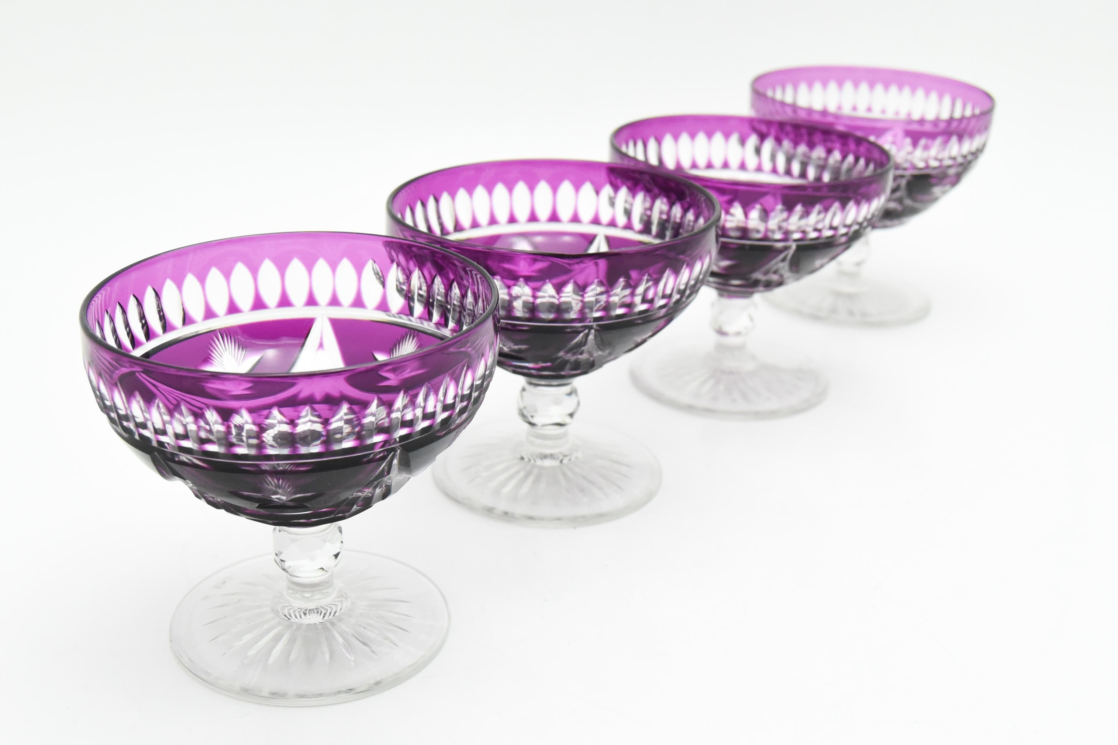 10 French Hand Blown Crystal Amethyst Cut to Clear Champagne Cocktail Coupes In Excellent Condition For Sale In Great Barrington, MA